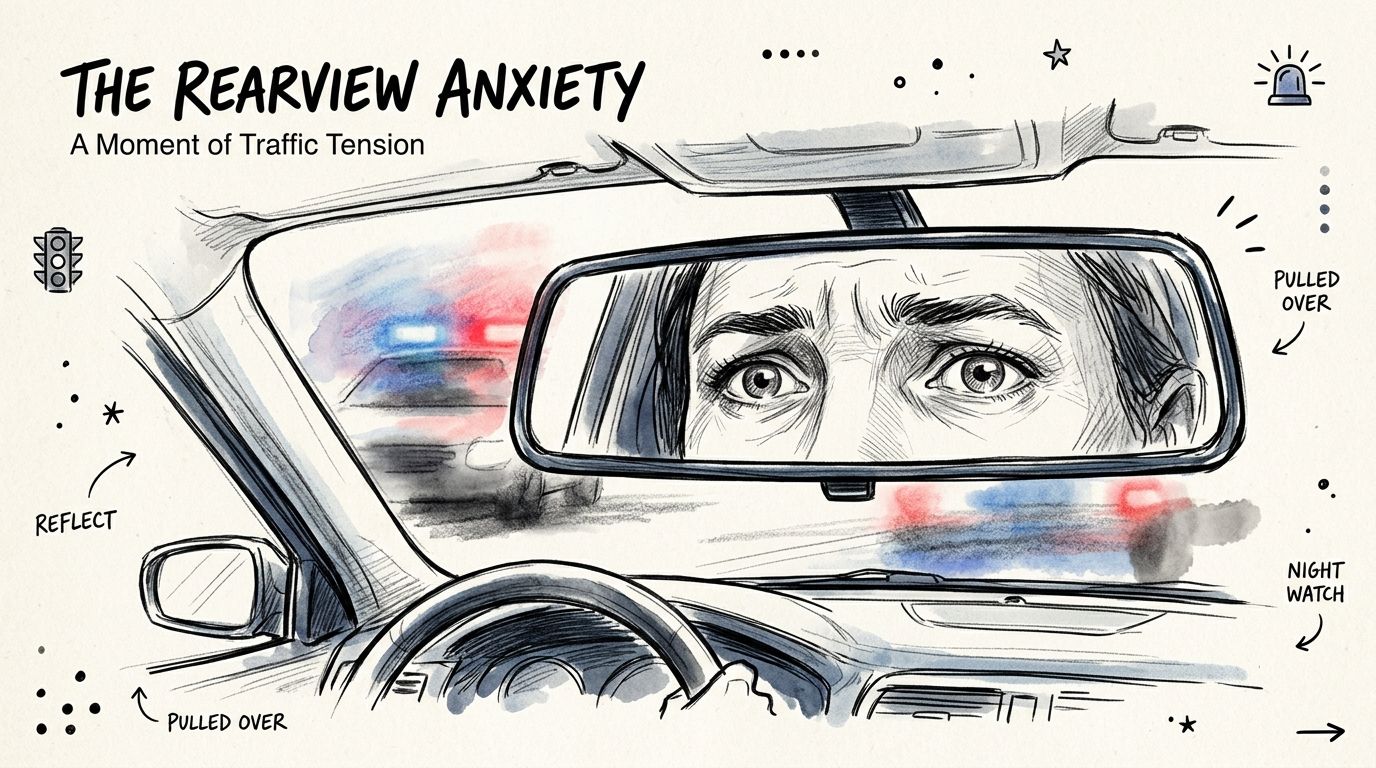 A hand-drawn illustration depicting a driver's anxious face reflected in a rearview mirror with police lights behind.
