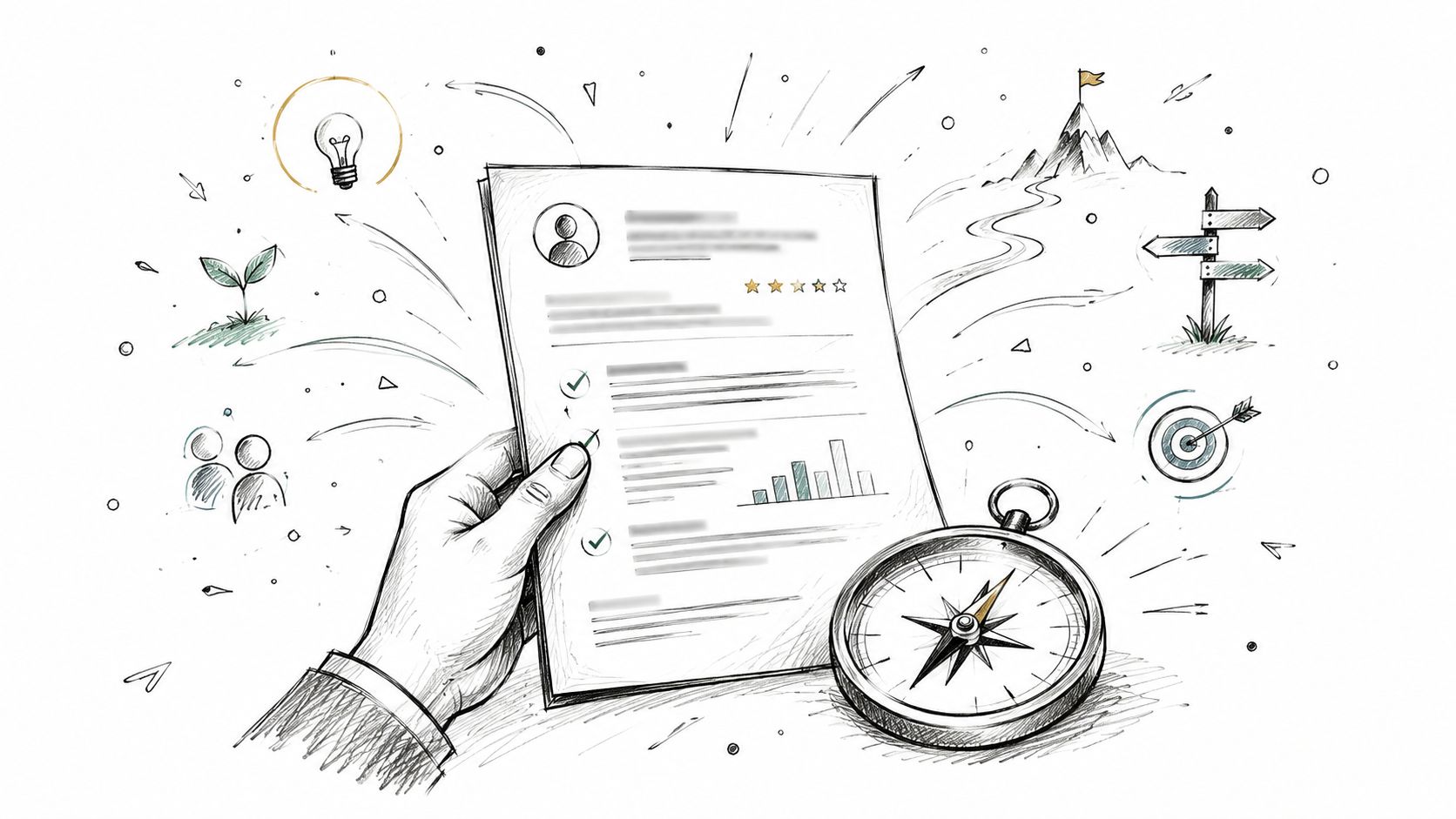 A hand holding a professional document with a compass and growth icons representing career planning.