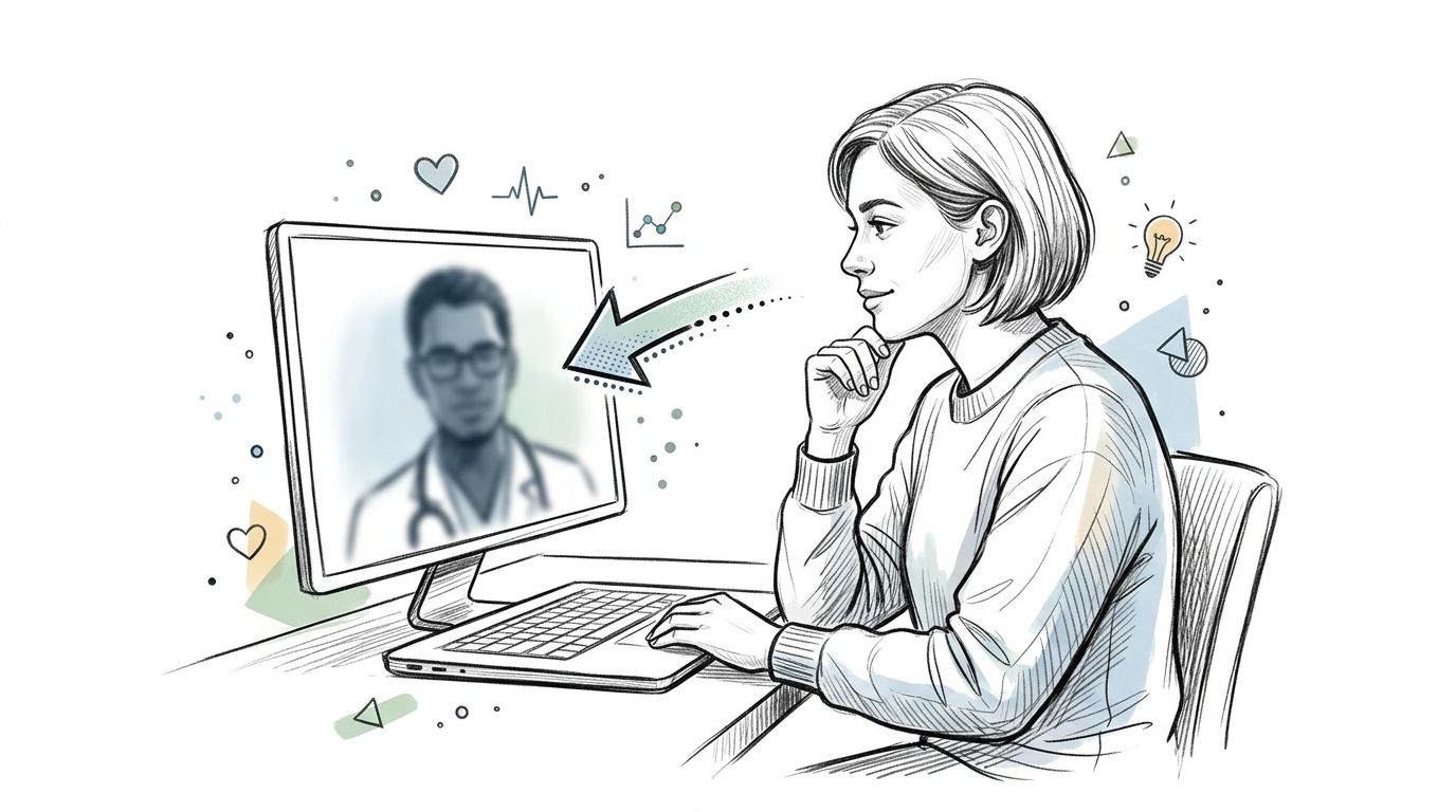 A woman using a laptop for an online medical consultation with a doctor shown on the screen.
