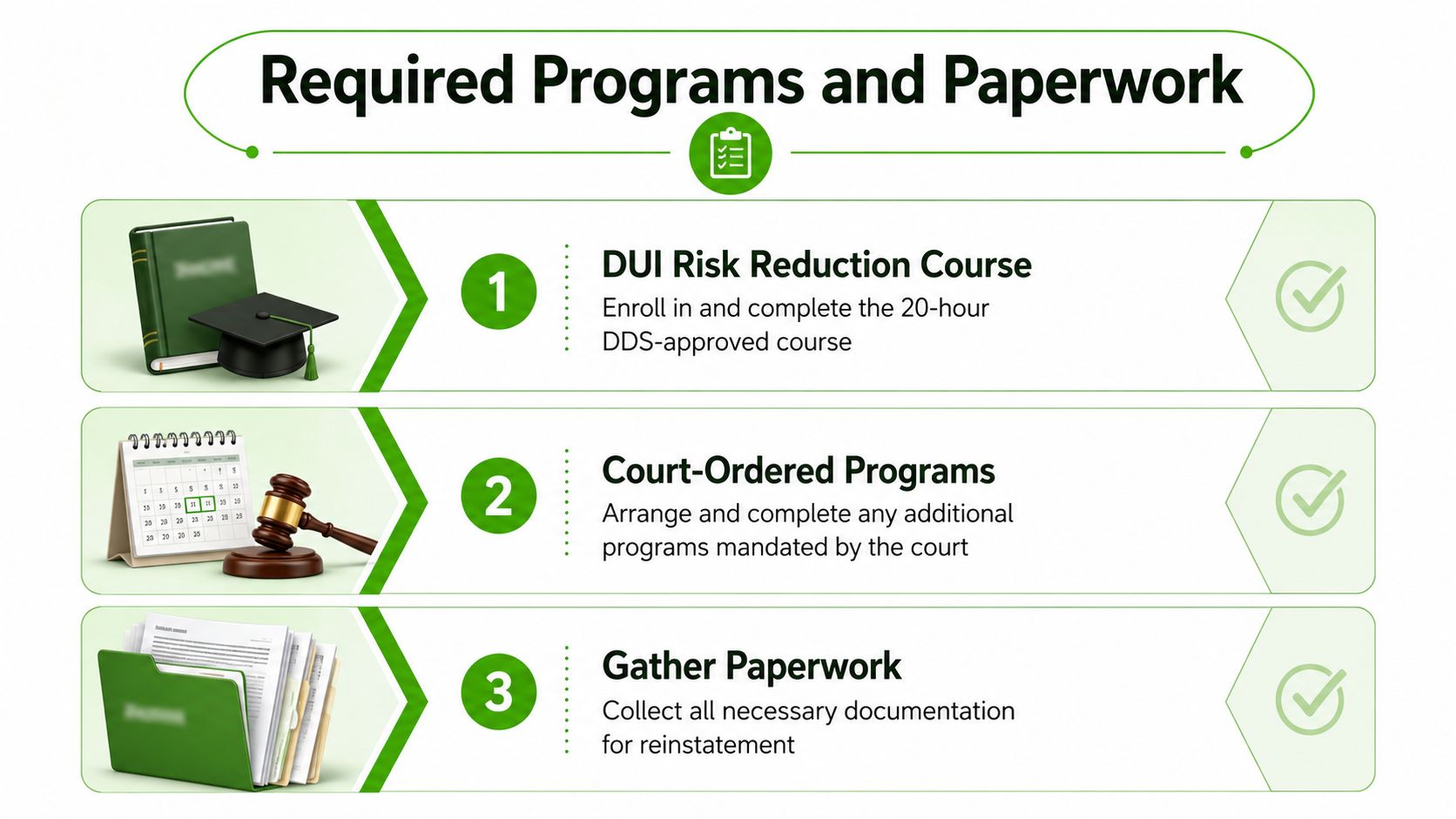 An infographic titled Required Programs and Paperwork outlining steps to address a suspended license for DUI.