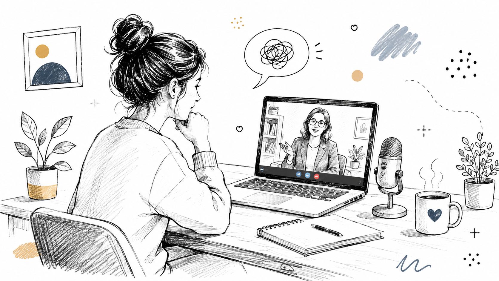 A woman sits at her desk participating in a virtual video therapy session on her laptop.