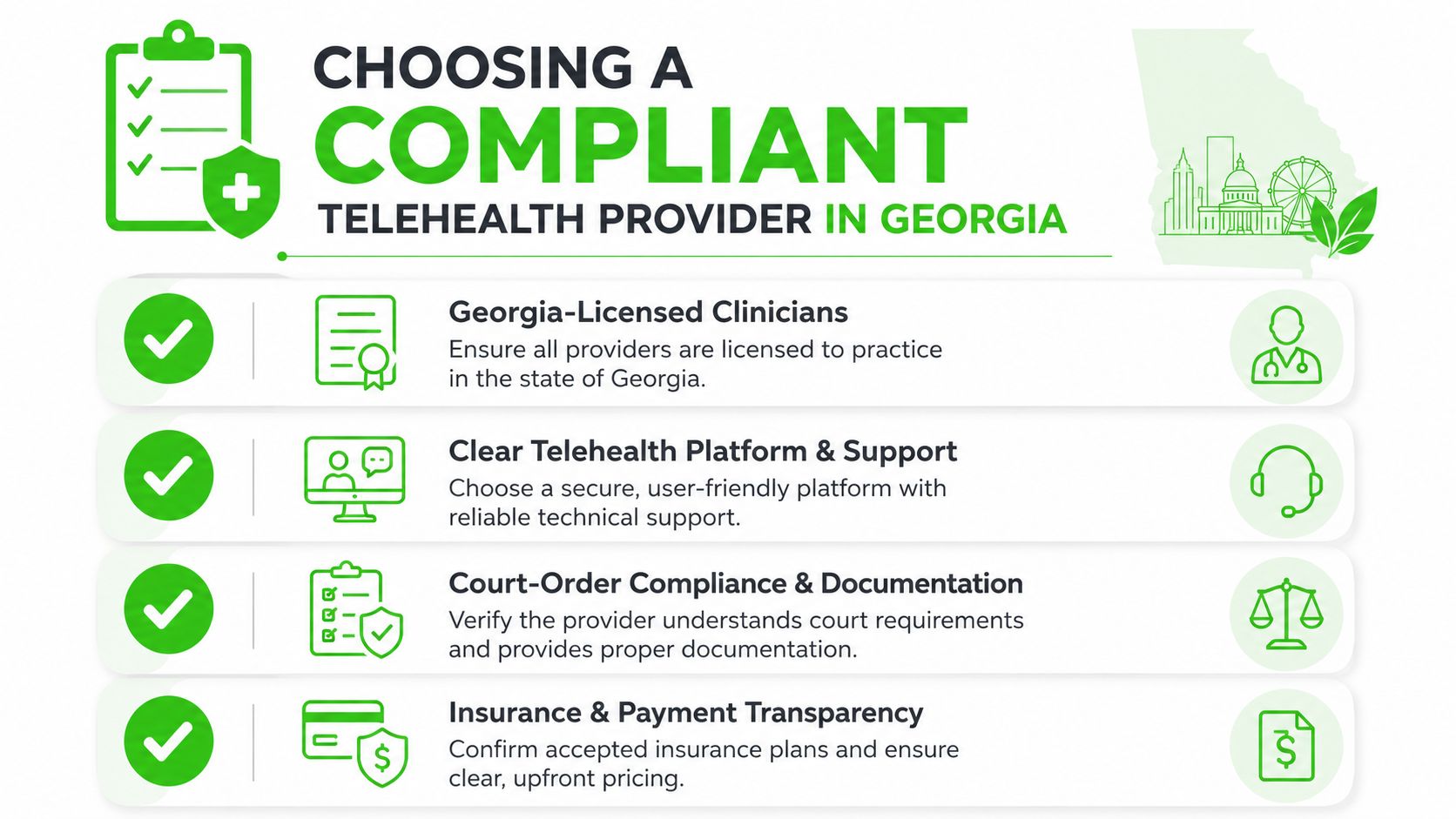 An infographic titled Choosing a Compliant Telehealth Provider in Georgia outlining key requirements for selecting services.
