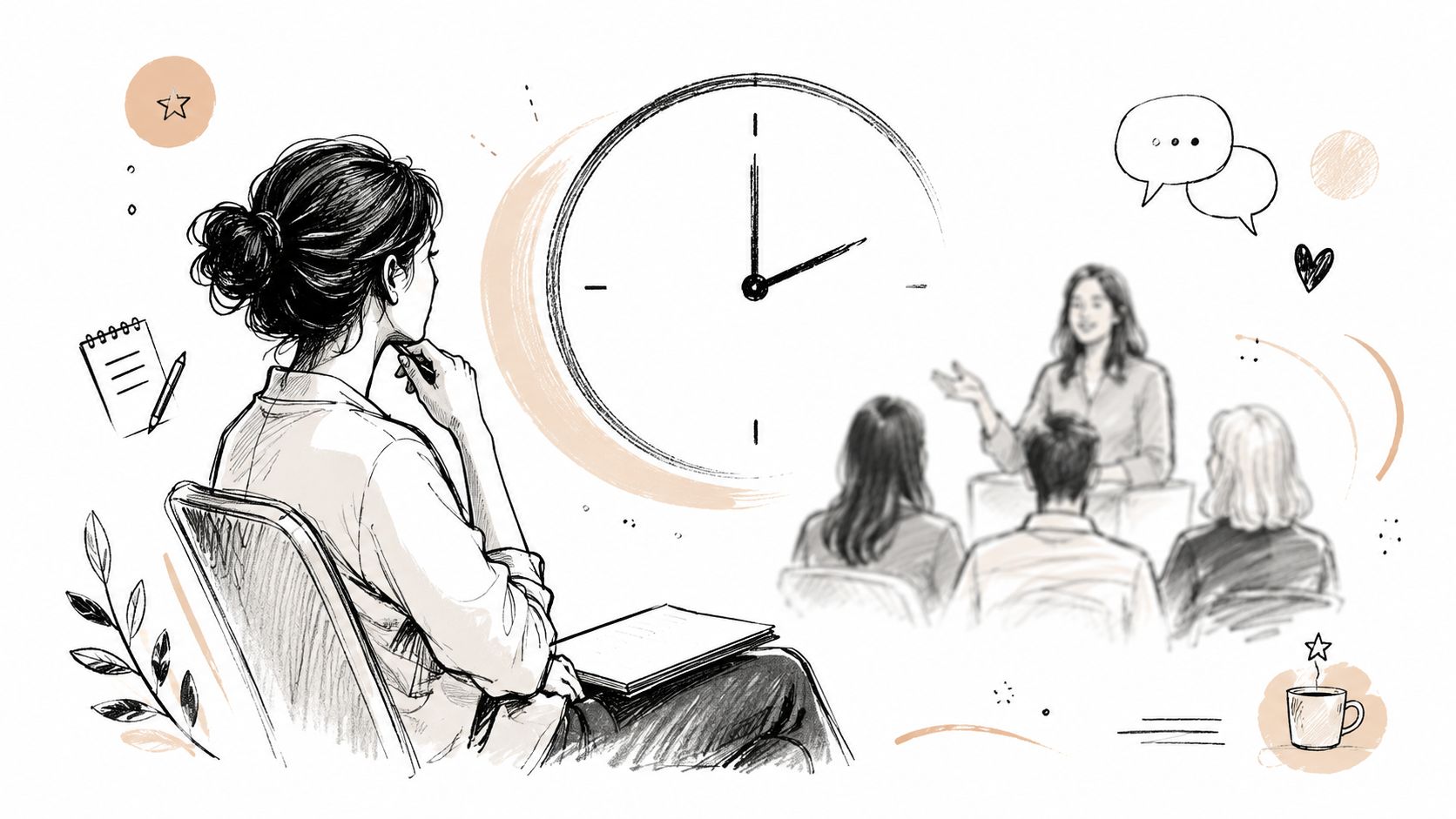 A woman sits in a chair taking notes while attending a professional meeting or group presentation session.