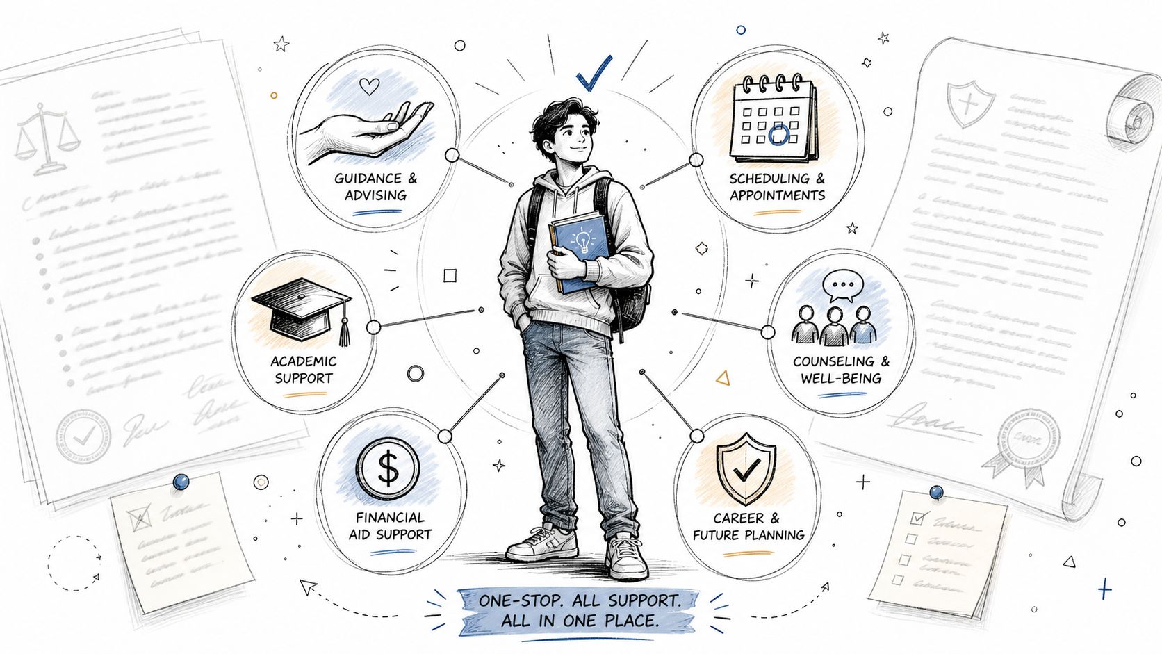 A student standing in the center of icons representing various campus support services like academic and financial assistance.