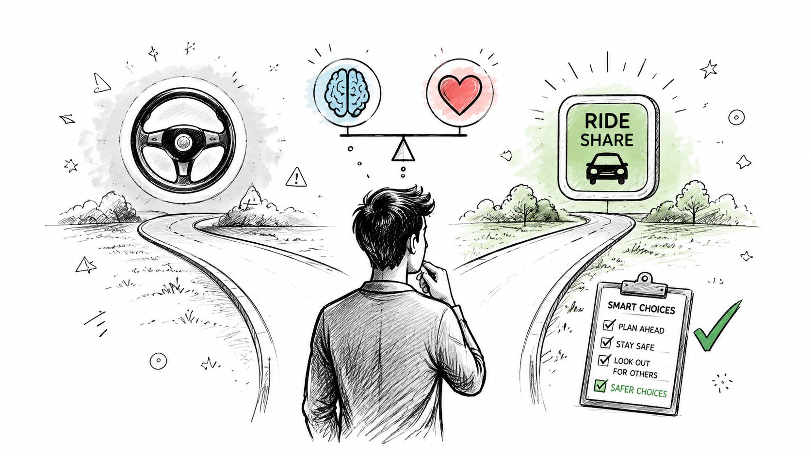 A person standing at a fork in the road considering driving versus choosing a ride share service.