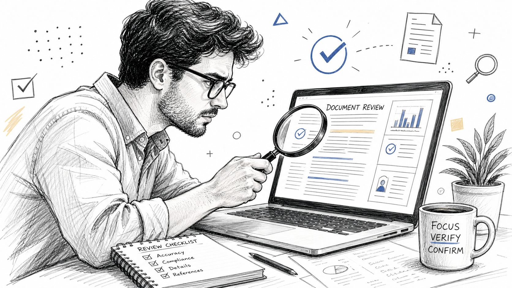 A professional man carefully reviewing documents on a laptop with a magnifying glass for accuracy.