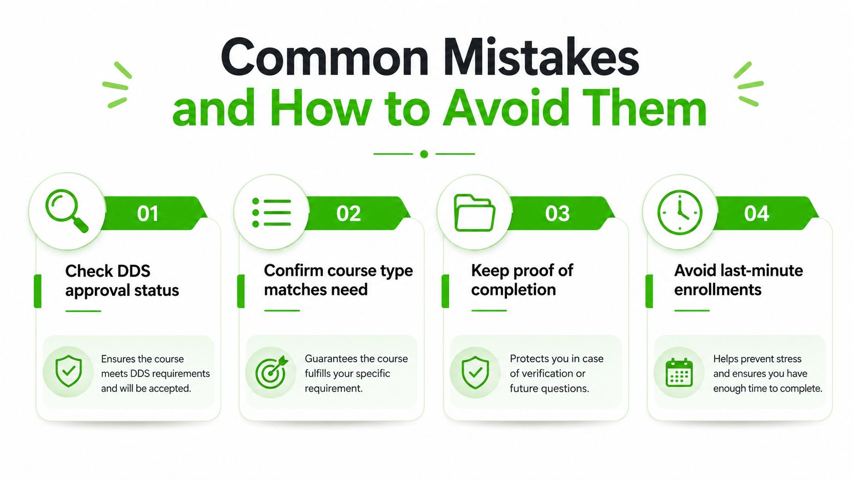 An infographic titled Common Mistakes and How to Avoid Them, outlining four essential tips for online courses.