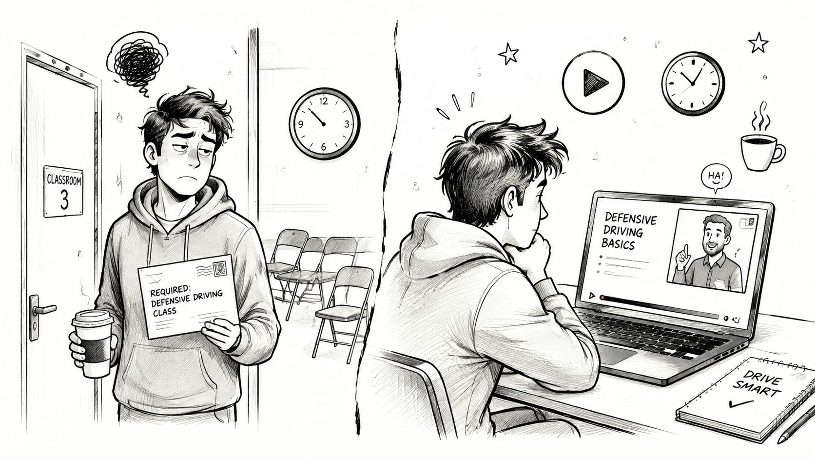 A split image shows a student choosing a convenient online defensive driving course over a traditional classroom setting.