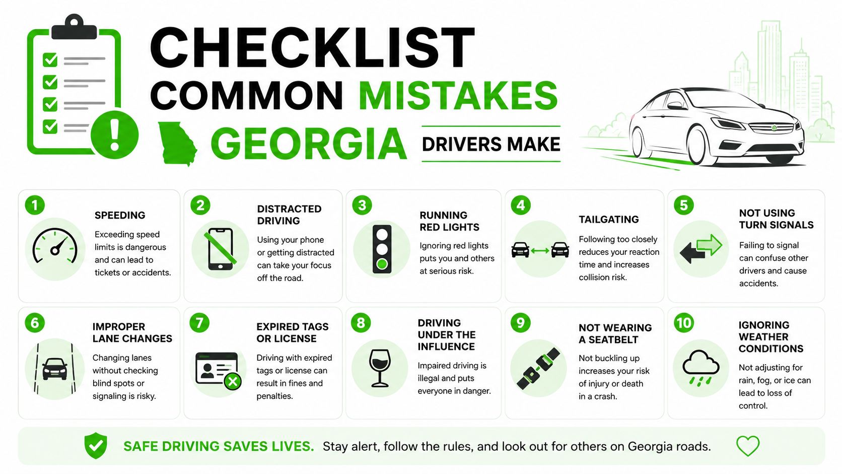 A checklist infographic illustrating ten common driving mistakes that drivers should avoid on Georgia roads for safety.