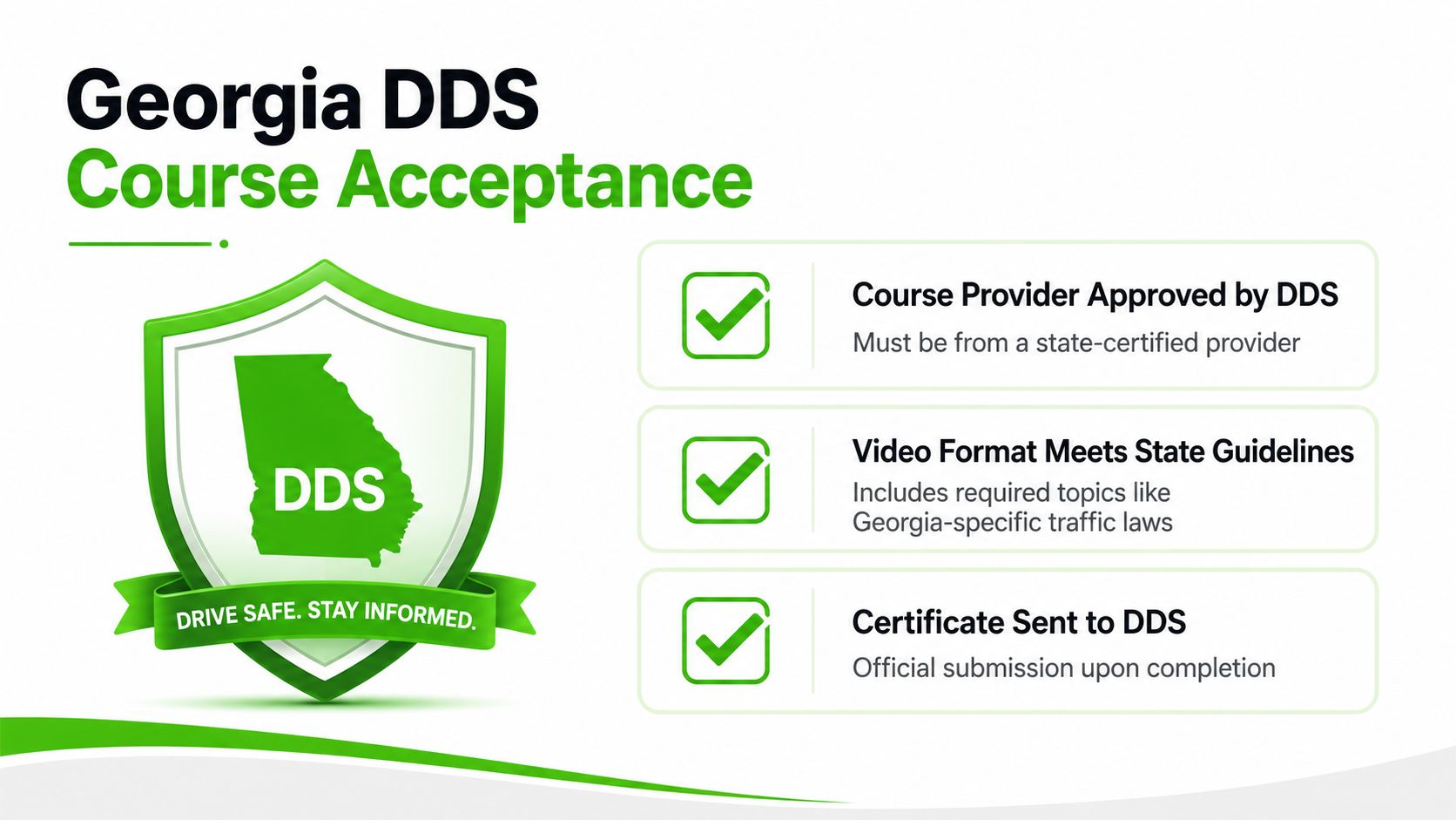 An informational graphic outlining Georgia DDS requirements for approved defensive driving courses and video completion.
