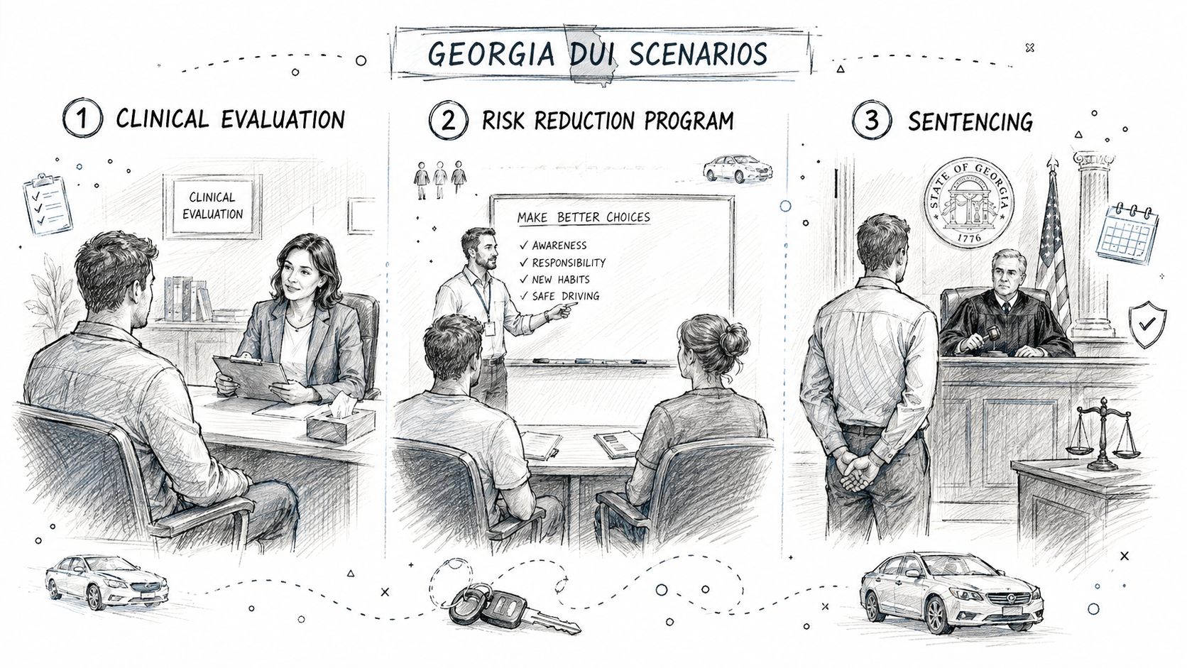 A pencil sketch illustrating the three stages of a Georgia DUI case: clinical evaluation, risk reduction program, and sentencing.