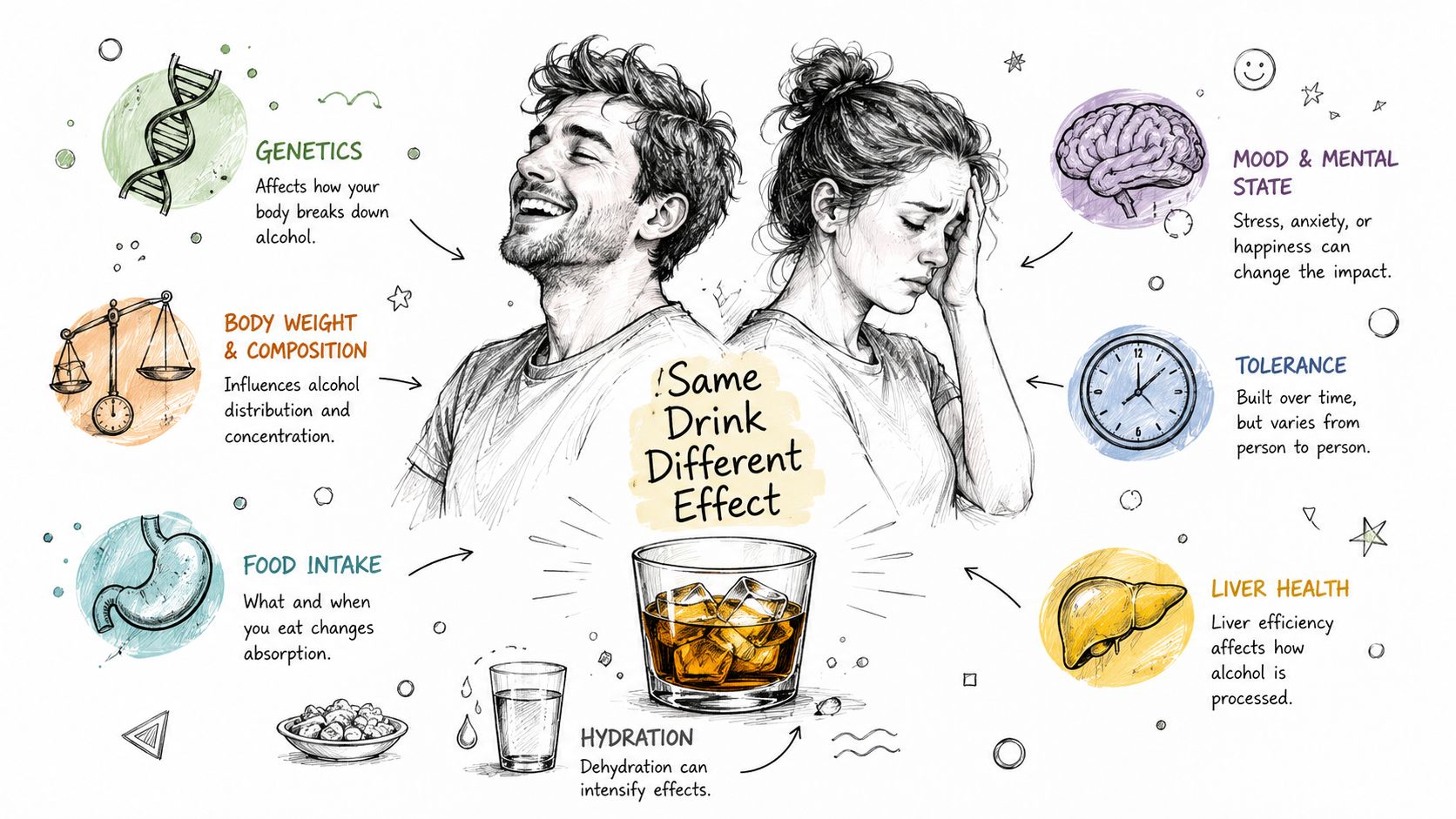 A hand-drawn illustration depicting how various personal factors influence how different people react to alcohol consumption.