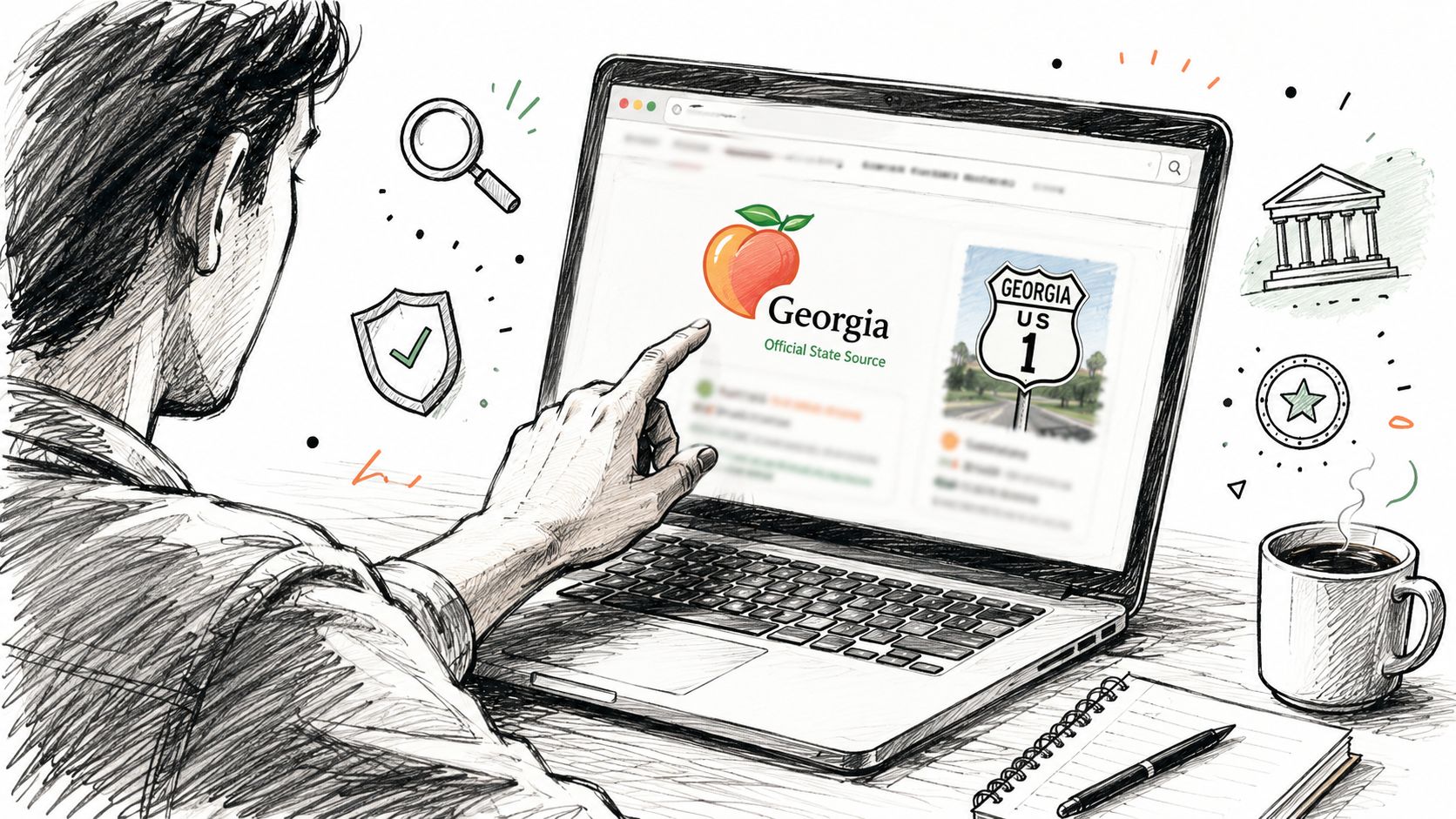 A person using a laptop to research Georgia state resources and driver licensing information online.