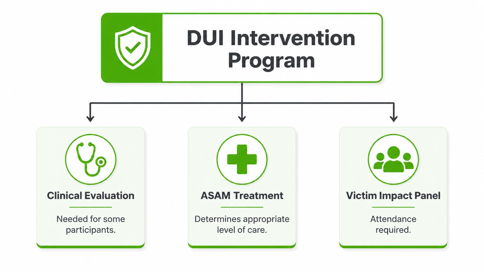 A diagram outlining the DUI Intervention Program, featuring Clinical Evaluation, ASAM Treatment, and a Victim Impact Panel.