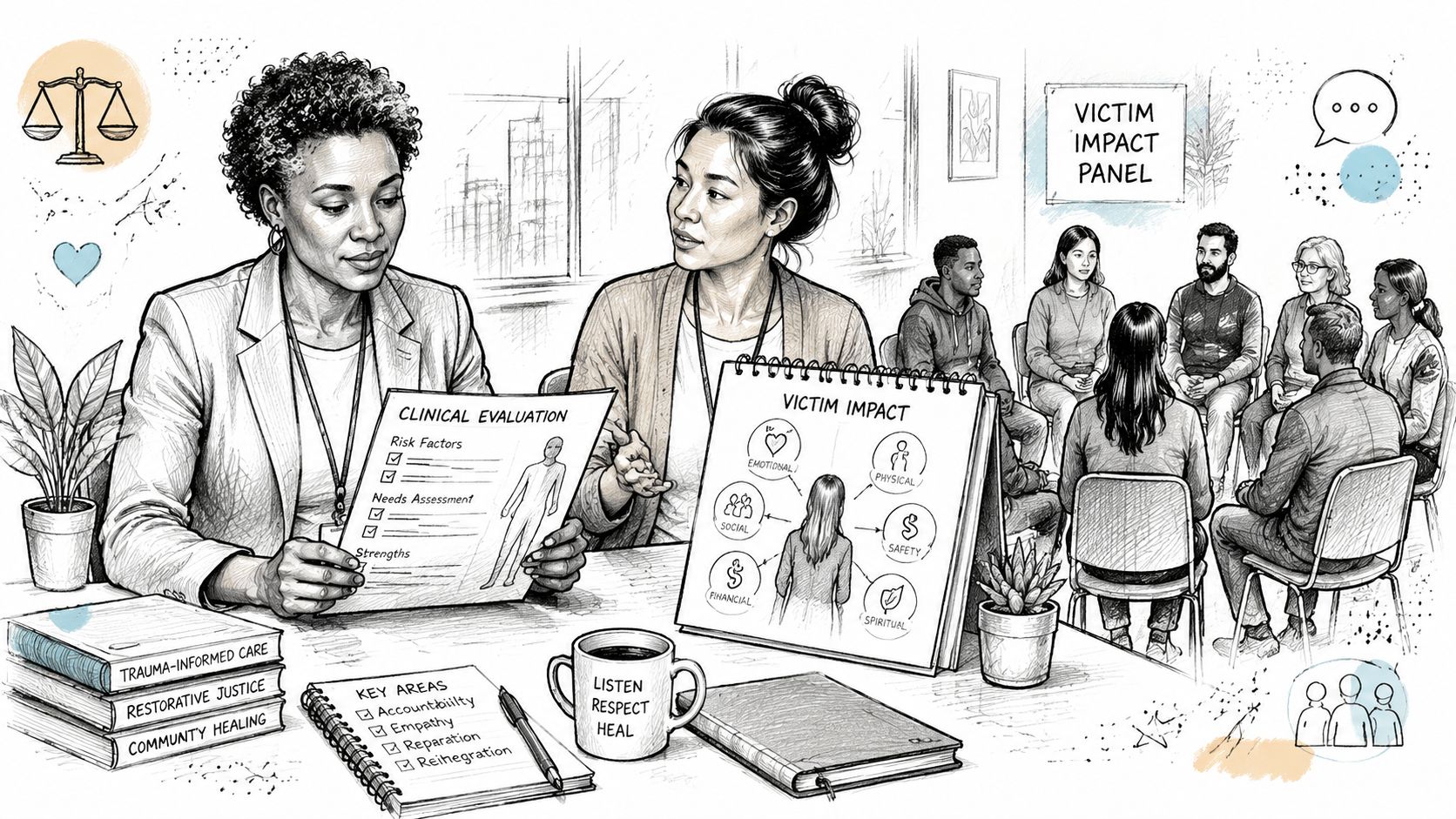 Professionals conducting a victim impact panel meeting while reviewing clinical evaluations and restorative justice materials in an office.