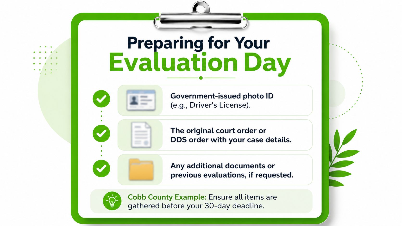 A clipboard checklist for a GA DUI clinical evaluation outlining required identification and court-ordered documentation.