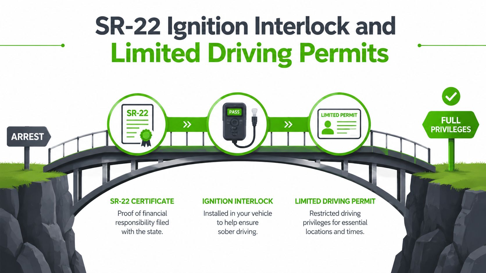 An infographic showing the steps from arrest to regaining full driving privileges after a DUI incident.