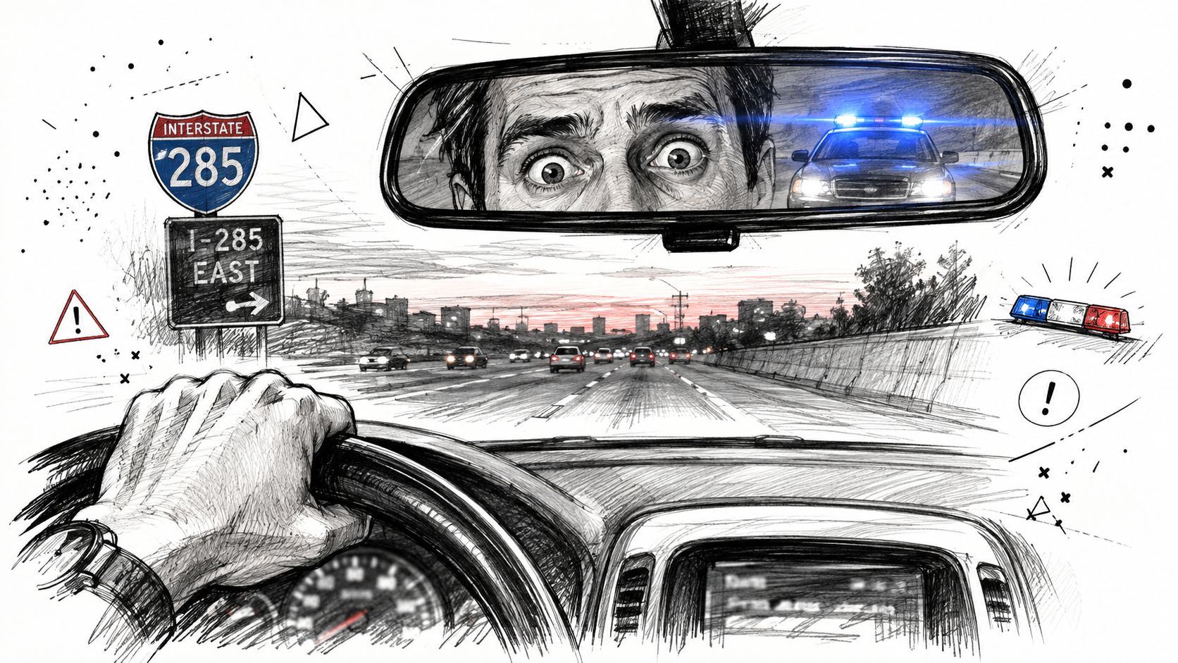 A driver looks in the rearview mirror at police lights while driving on a highway.