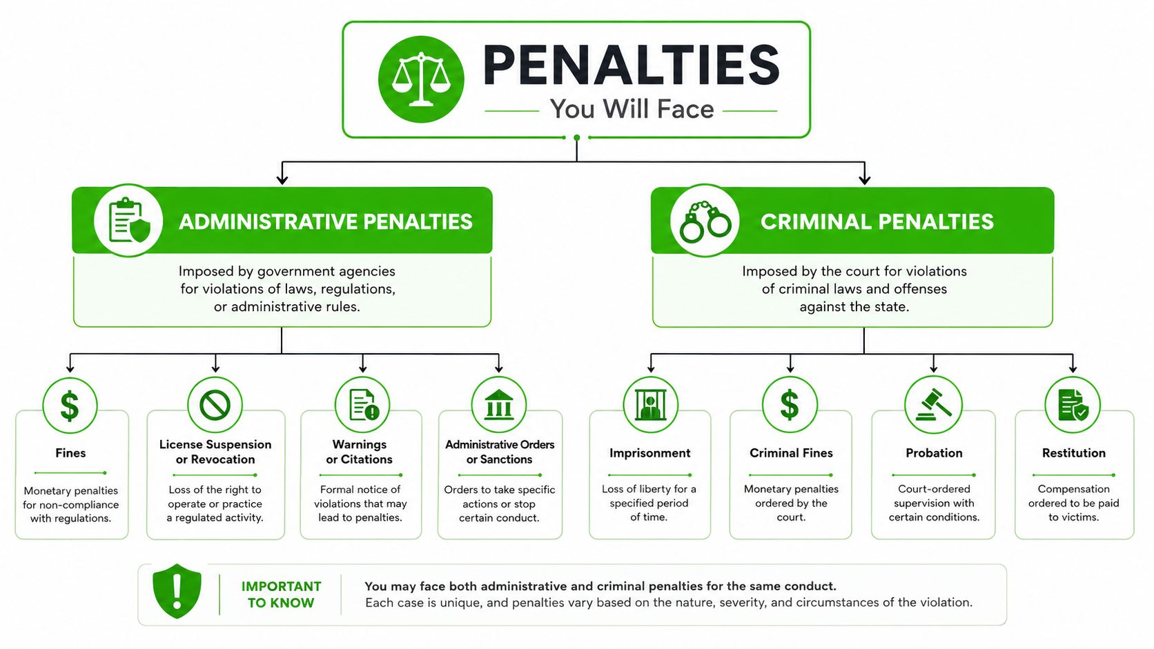 An infographic detailing the differences between administrative and criminal penalties imposed for legal violations.