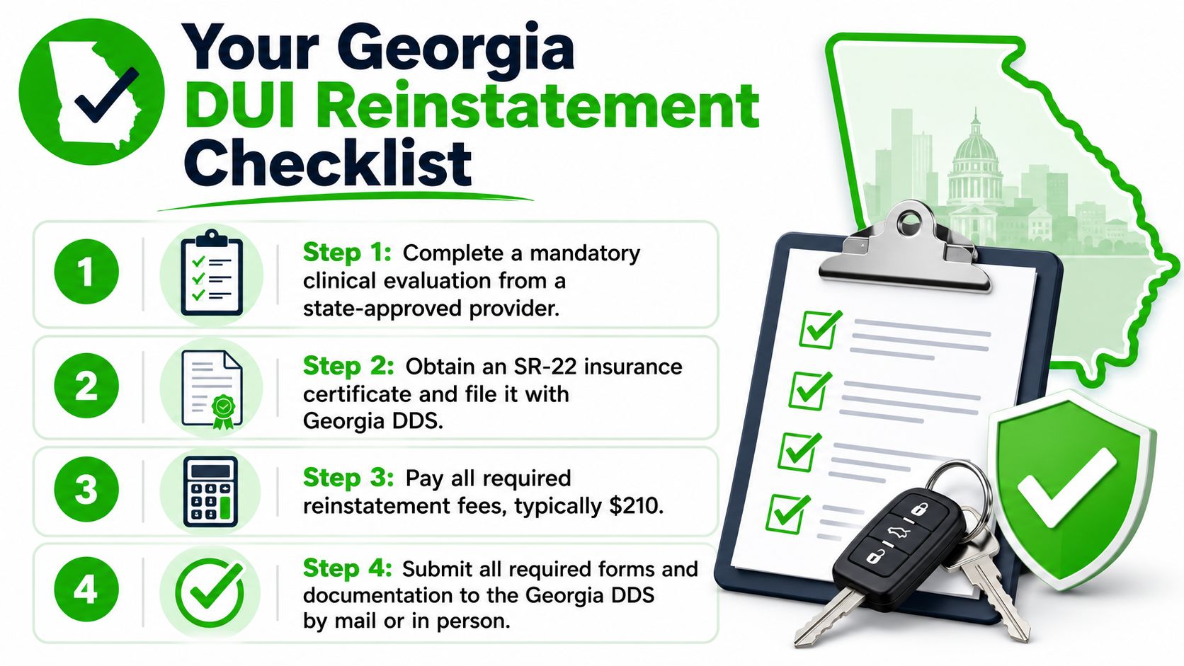 A checklist infographic outlining the four steps for DUI license reinstatement in the state of Georgia.