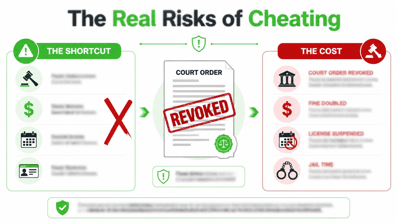 An infographic illustrating the negative legal and financial consequences of cheating on online traffic school programs.