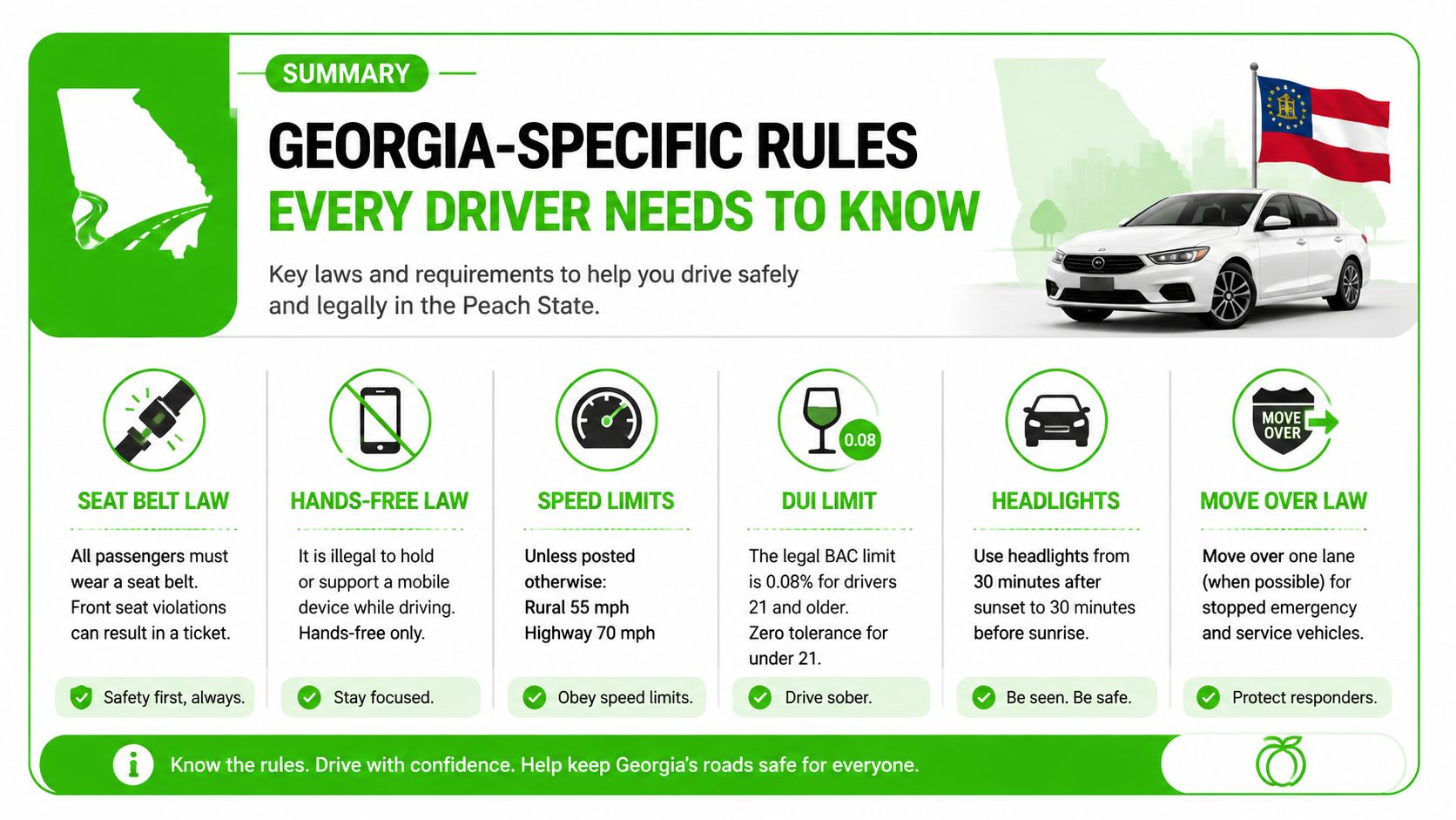 An infographic outlining key traffic laws and safety requirements for drivers in the state of Georgia.