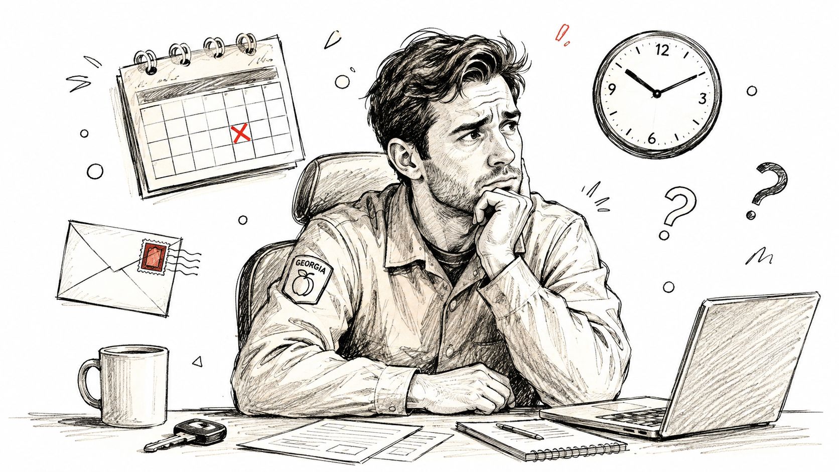 A concerned man sitting at a desk with a laptop, calendar, and clock, contemplating administrative tasks.