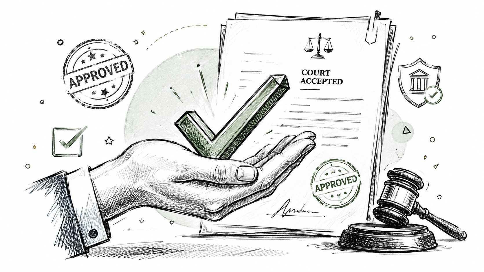 A hand holding a green checkmark symbol above legal documents with a court gavel and stamp nearby.