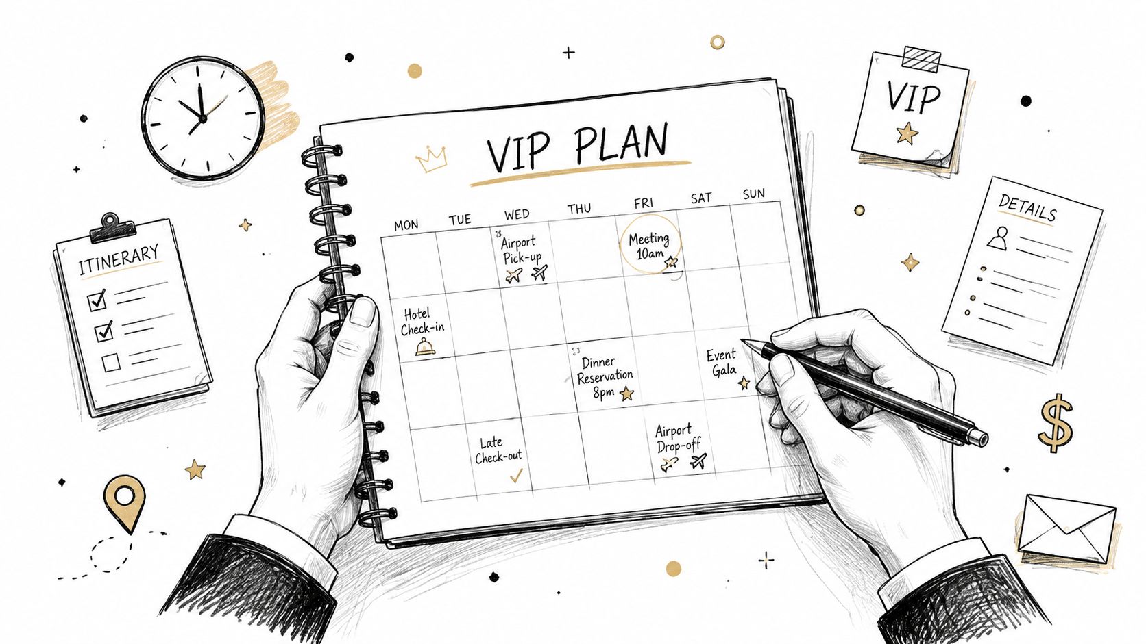 A hand-drawn illustration showing a person writing a VIP schedule in a planner for upcoming events.