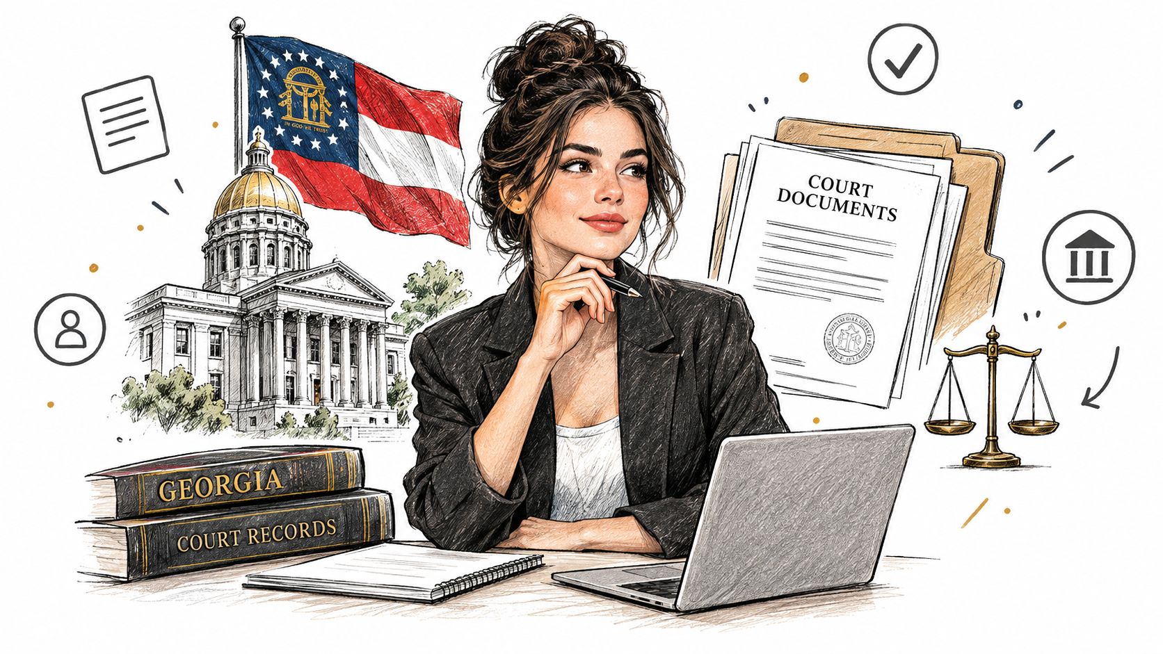 A professional woman working on court documents in front of the Georgia State Capitol and legal records.