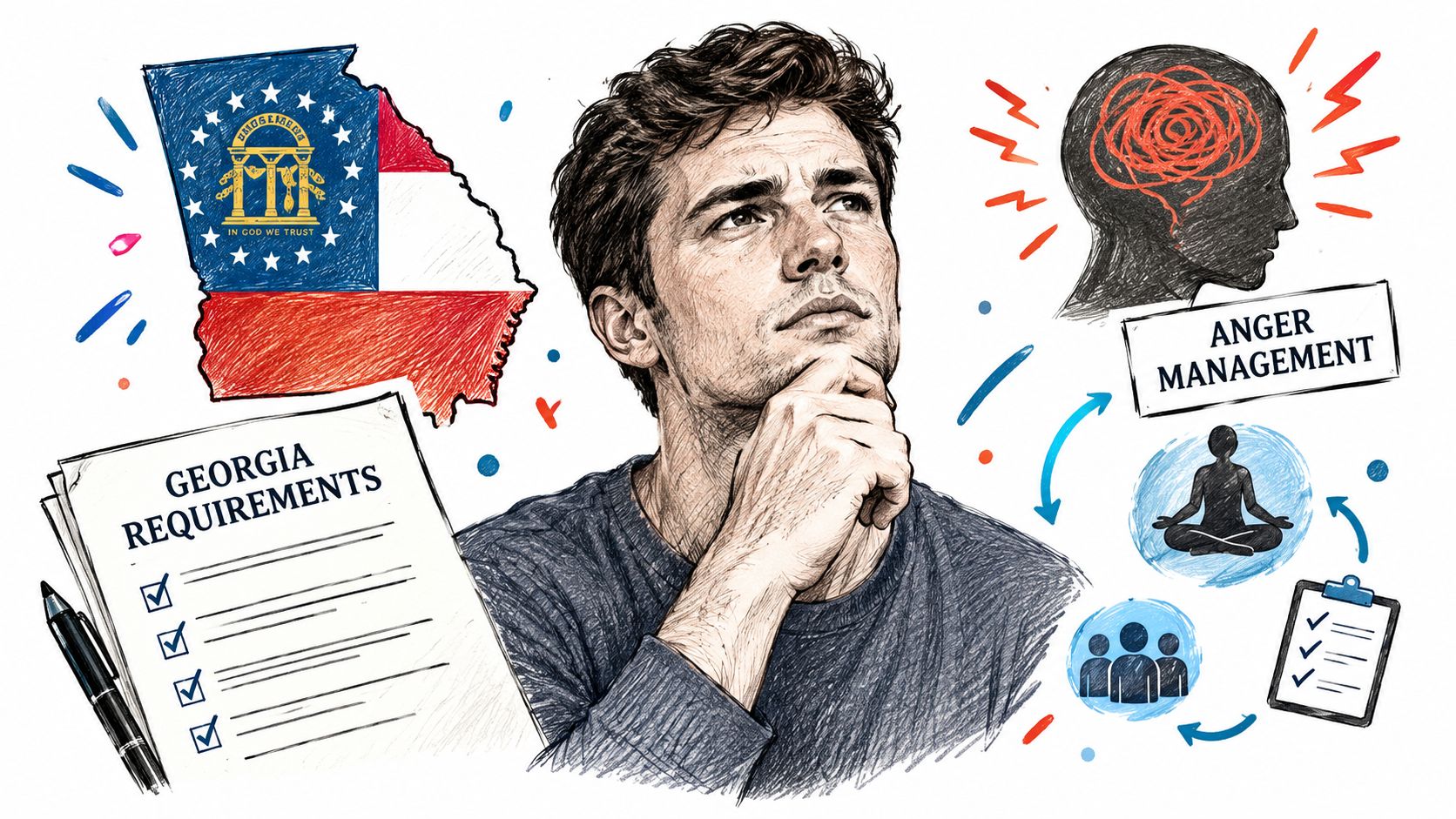 A man thoughtfully considering Georgia requirements for anger management classes, visualized with icons and checklist notes.