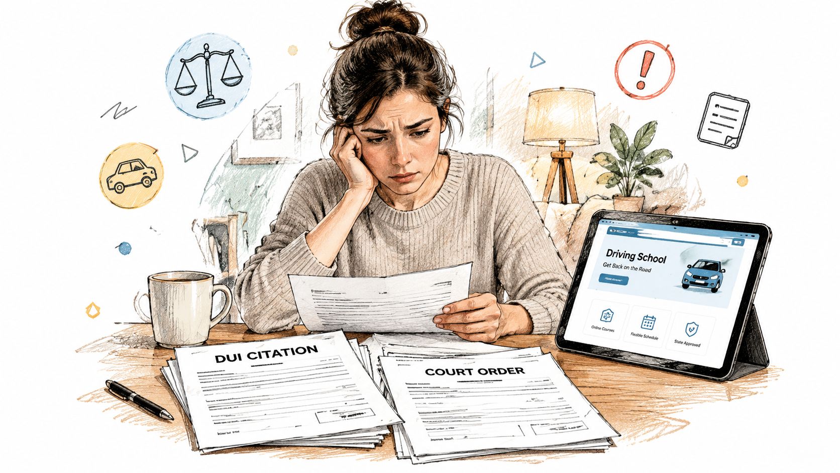 A distressed woman reviews a DUI citation and court order while looking at an online driving school.