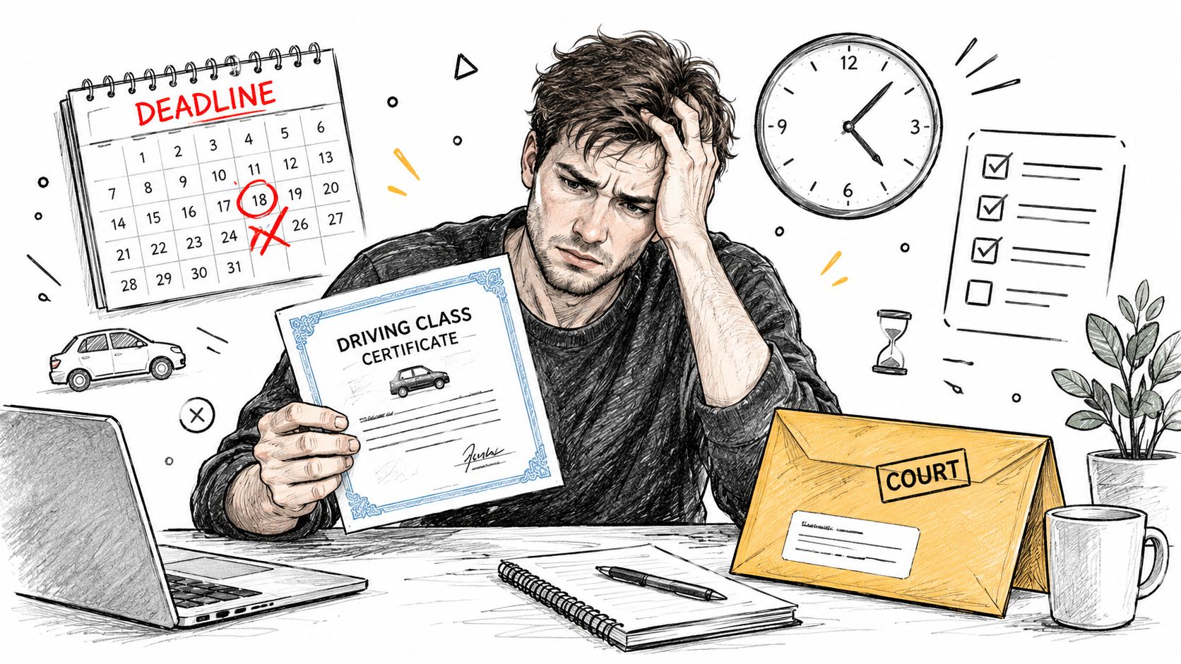 A stressed man holding a driving class certificate at a desk with legal court documents and deadlines.