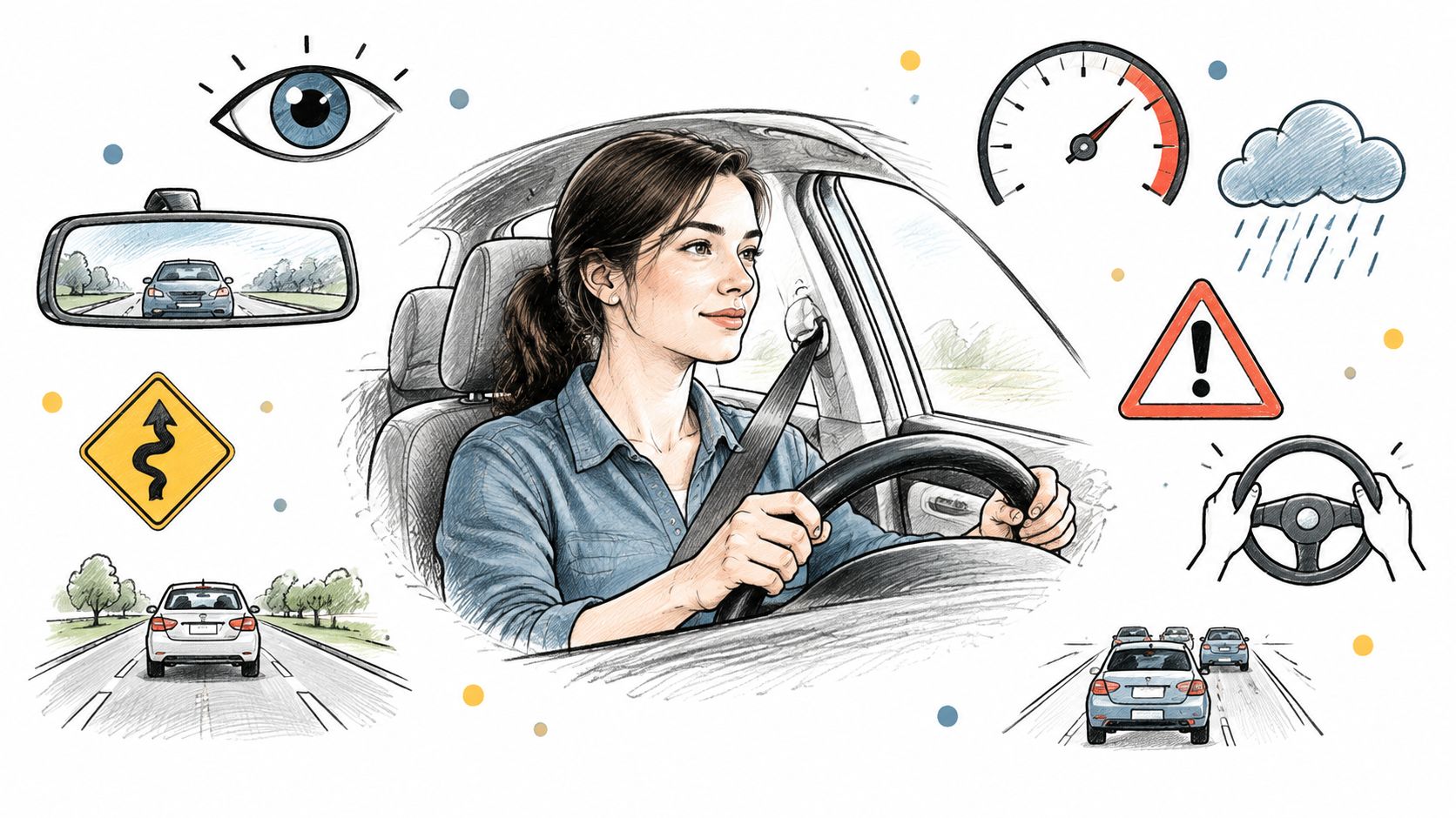 A woman driving a car with various icons representing defensive driving, including mirrors, road signs, and weather.