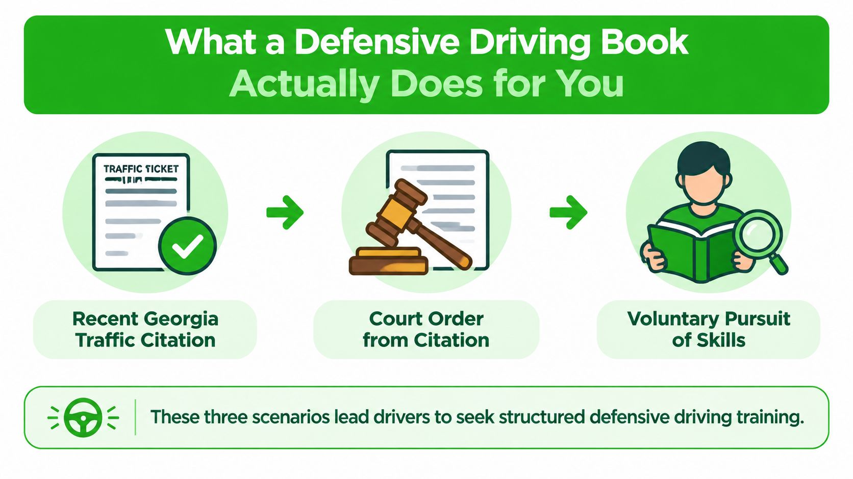An infographic illustrating three scenarios where drivers seek defensive driving training including tickets, court orders, and skill improvement.