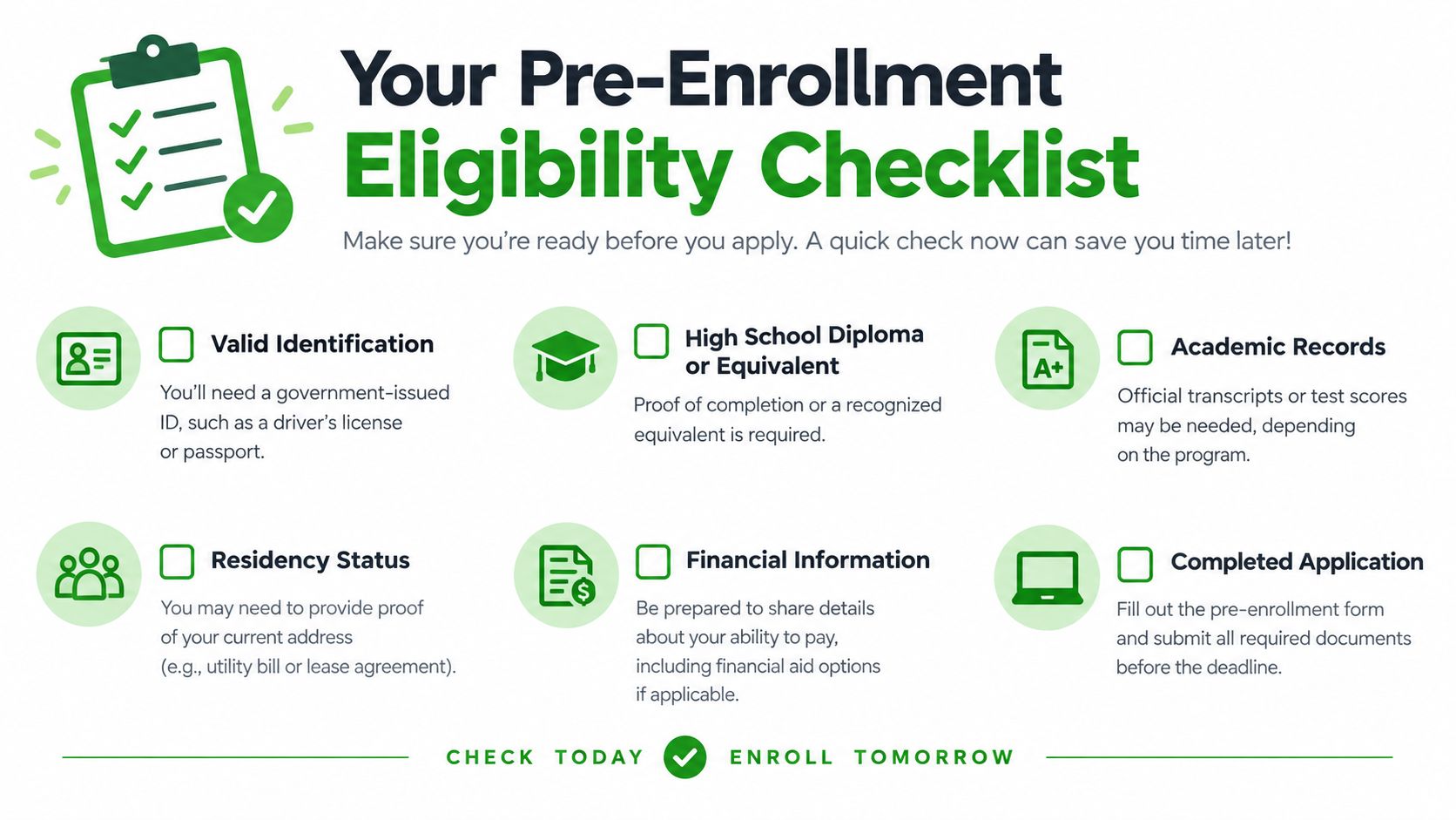 A pre-enrollment eligibility checklist infographic listing six essential requirements for prospective students applying to a program.