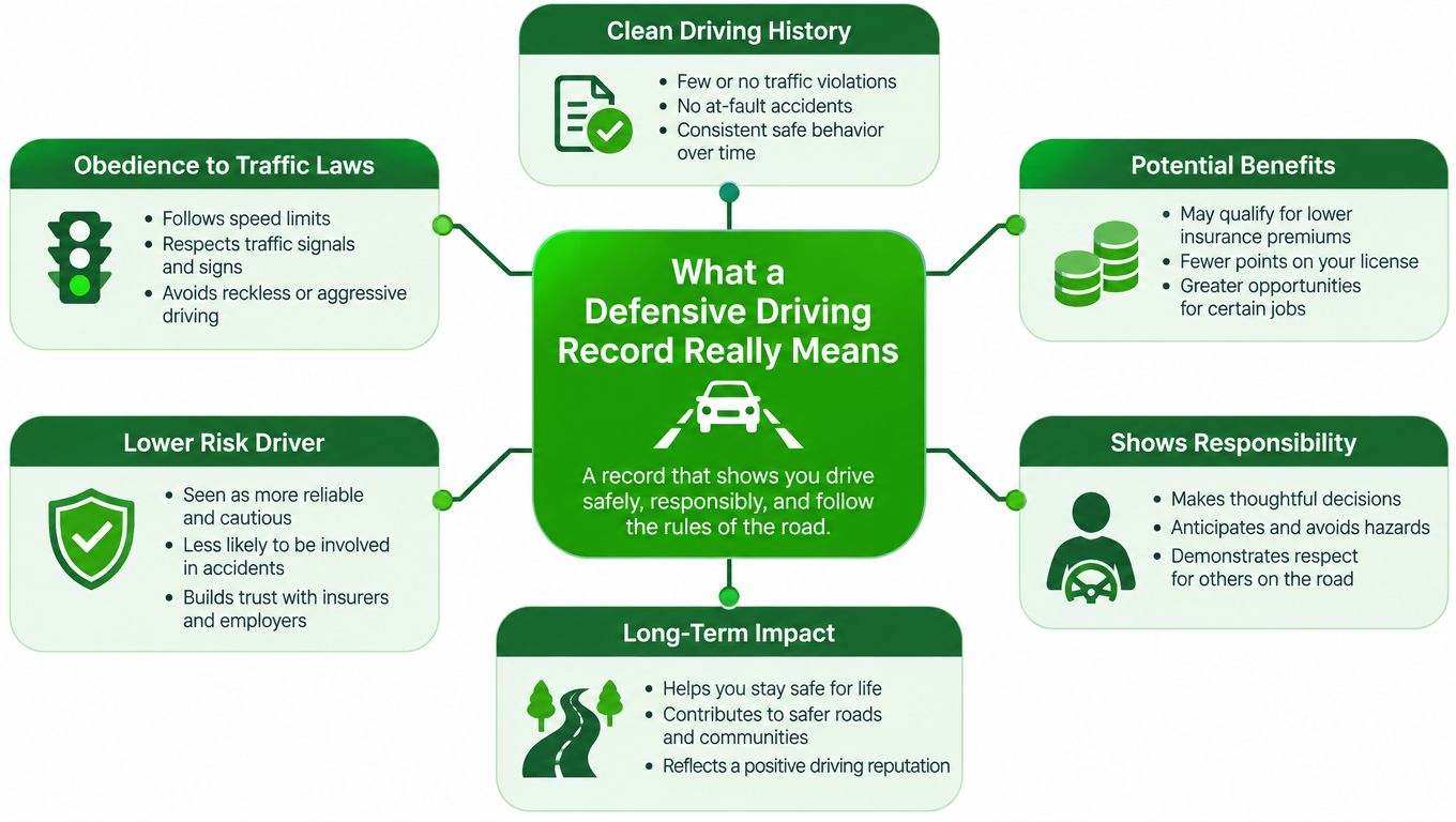 An infographic showing the core components and benefits of maintaining a safe and defensive driving record.