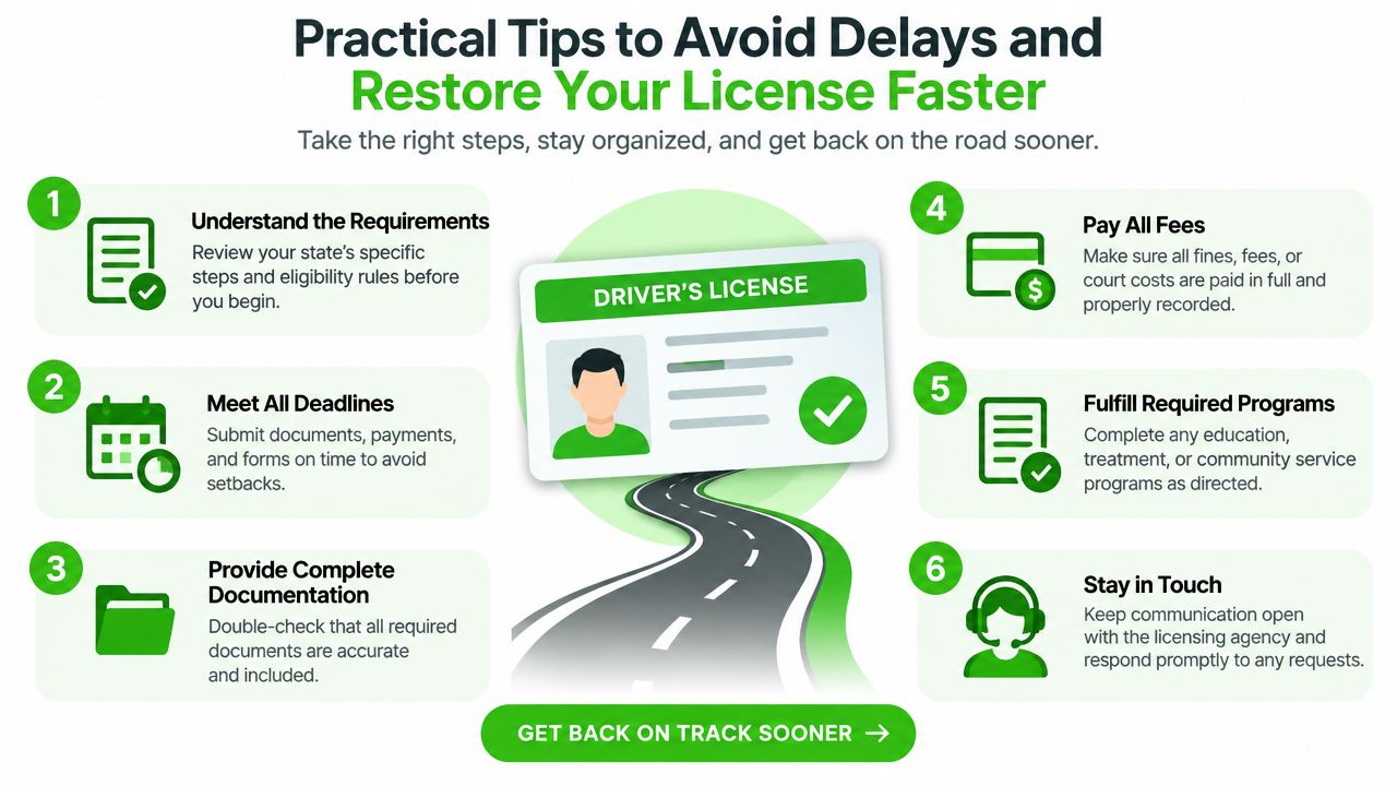 An infographic titled Practical Tips to Avoid Delays and Restore Your License Faster showing six steps to follow.