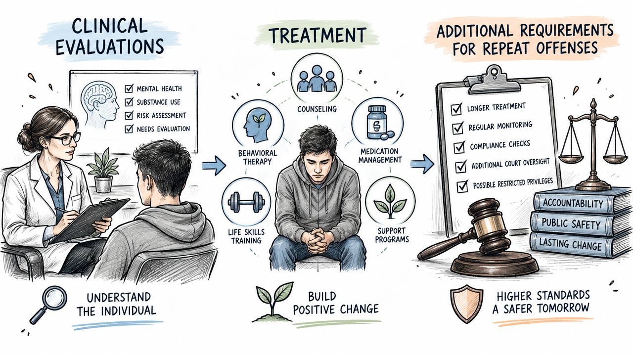 A diagram illustrating the process of clinical evaluations, treatment, and legal requirements for repeat offenders in rehabilitation.
