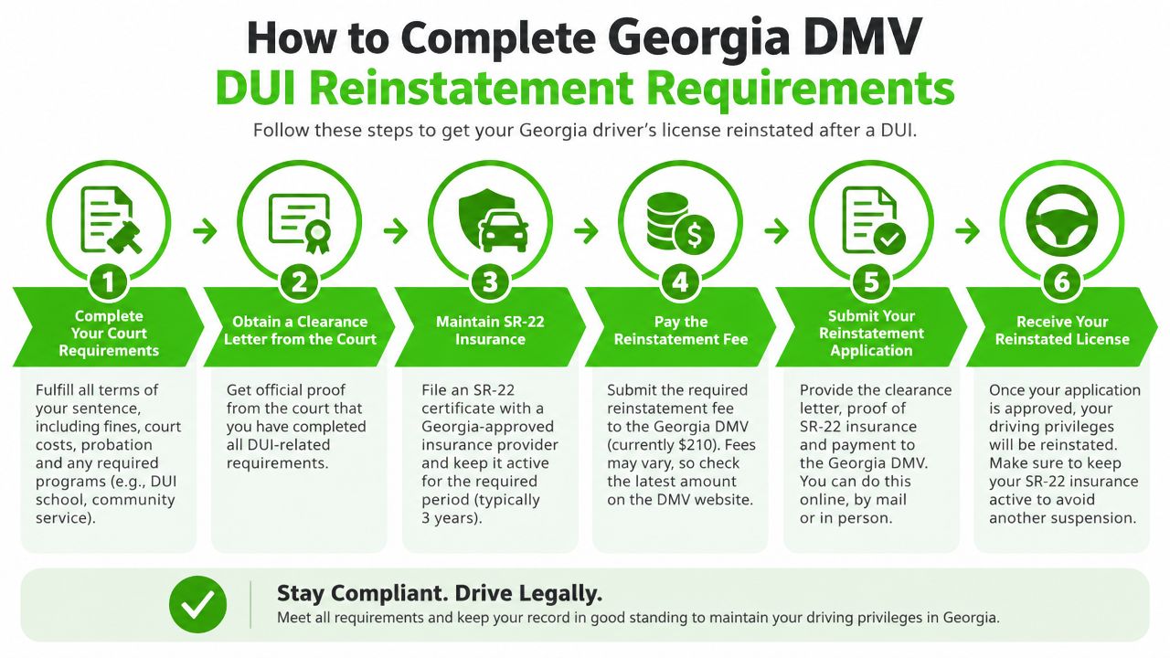 A step-by-step infographic showing the six requirements for reinstating a driver's license after a DUI in Georgia.