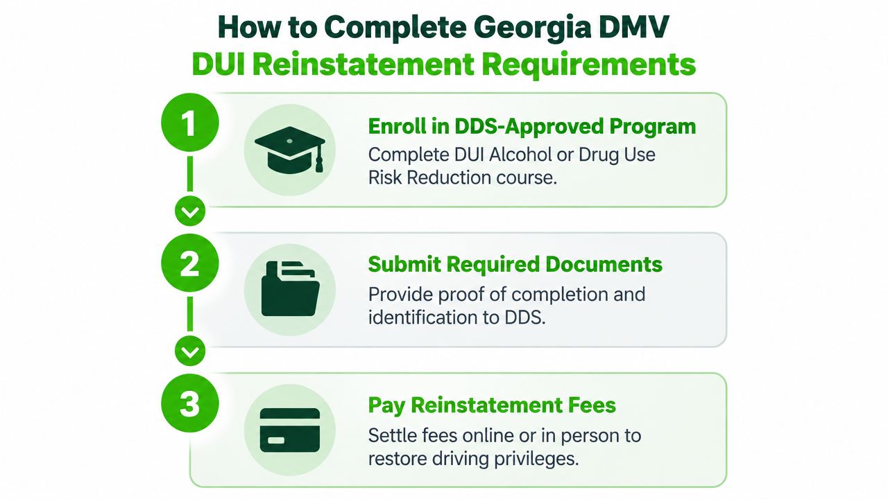 A three-step infographic outlining how to complete Georgia DMV DUI reinstatement requirements for drivers.