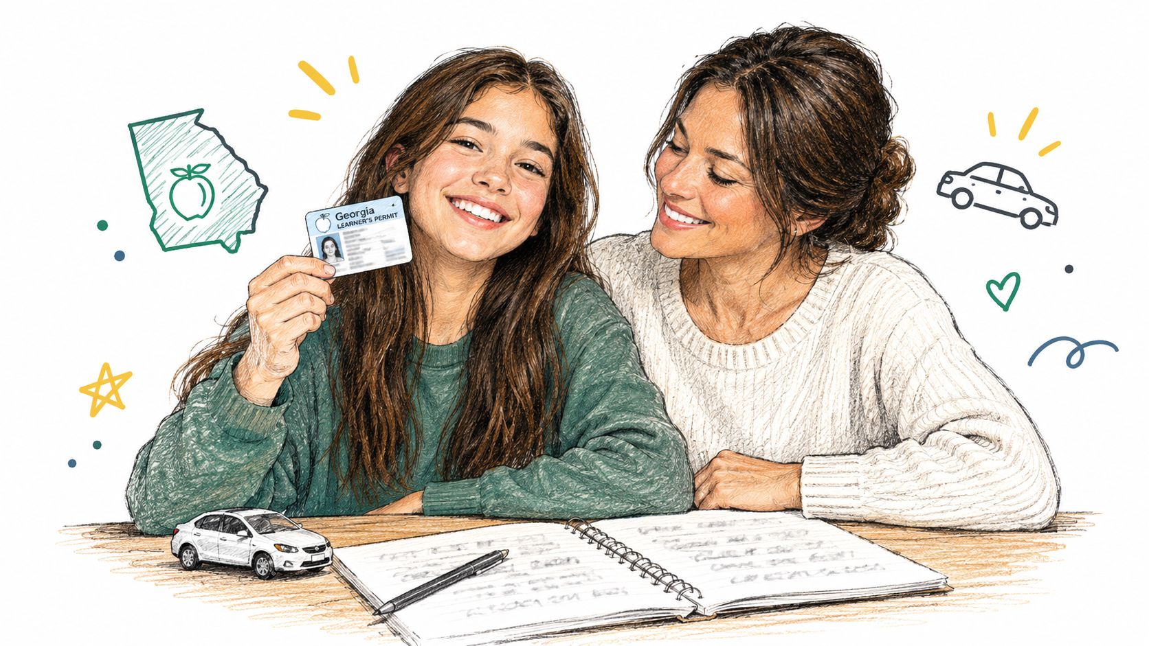 A happy teenage girl showing her Georgia learner's permit to her mother while studying for driving lessons.