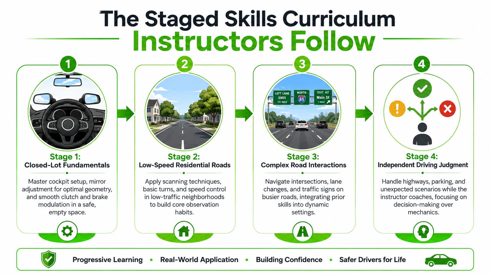 A four-stage instructional curriculum graphic showing progressive steps for training new drivers in real-world road environments.