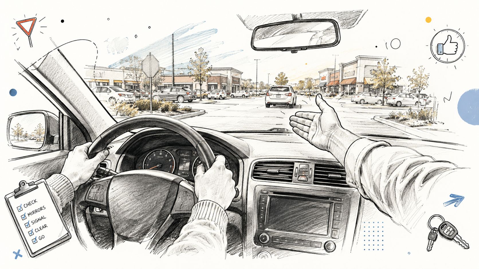 A pencil sketch from the driver's perspective showing hands on the steering wheel while learning to drive.