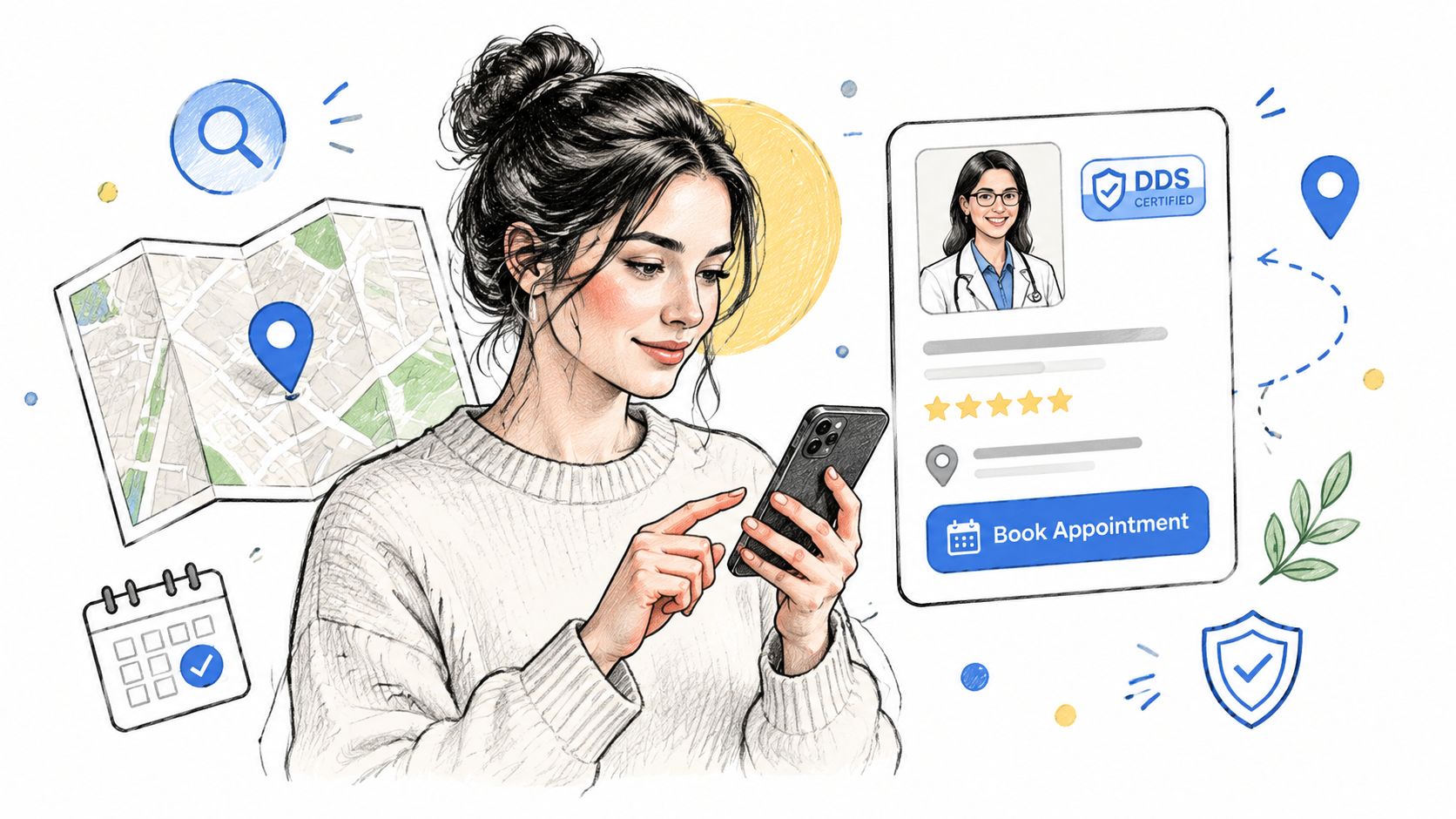 A woman using a smartphone to book a dental appointment online through a healthcare mobile application interface.