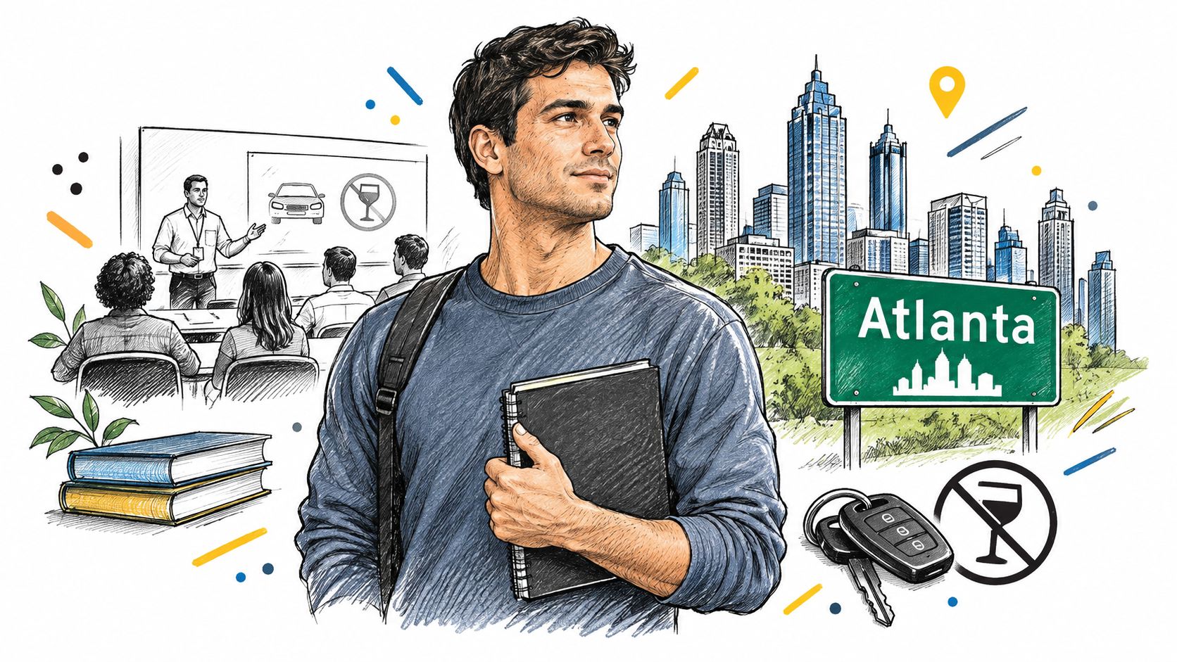 A student stands before an Atlanta cityscape, representing a DUI education program with related class and driving icons.
