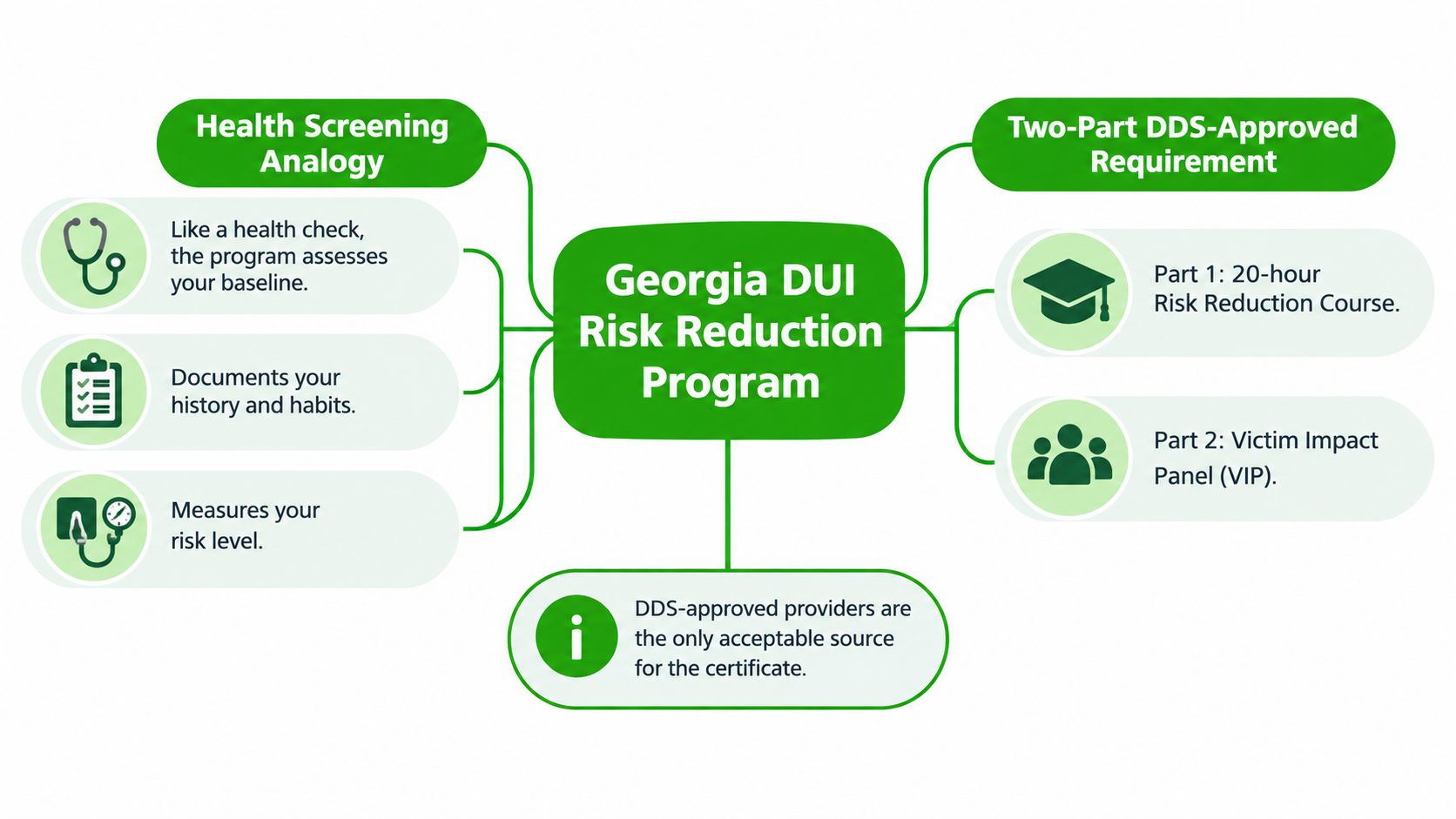 An infographic detailing the requirements and components of the Georgia DUI Risk Reduction Program for drivers.