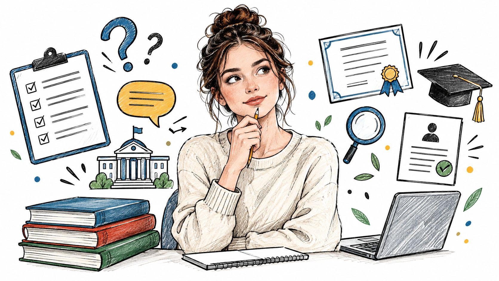 A young woman sitting at a desk surrounded by educational icons, books, and a laptop.