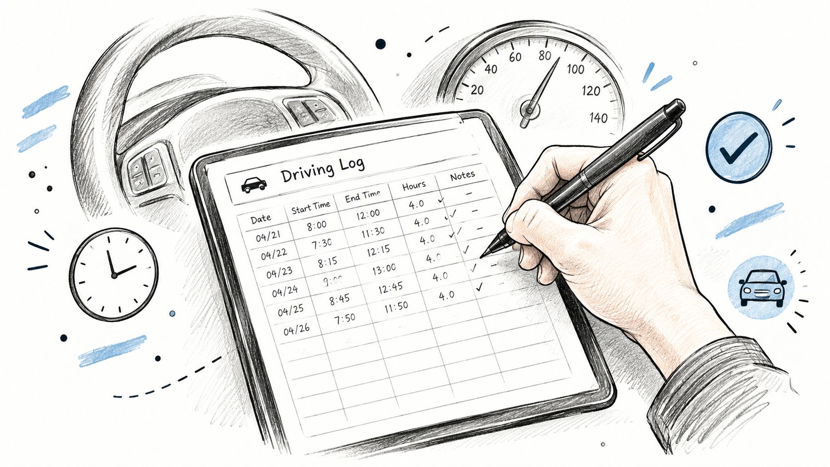 A hand filling out a driving log book while sitting in the driver seat of a car.