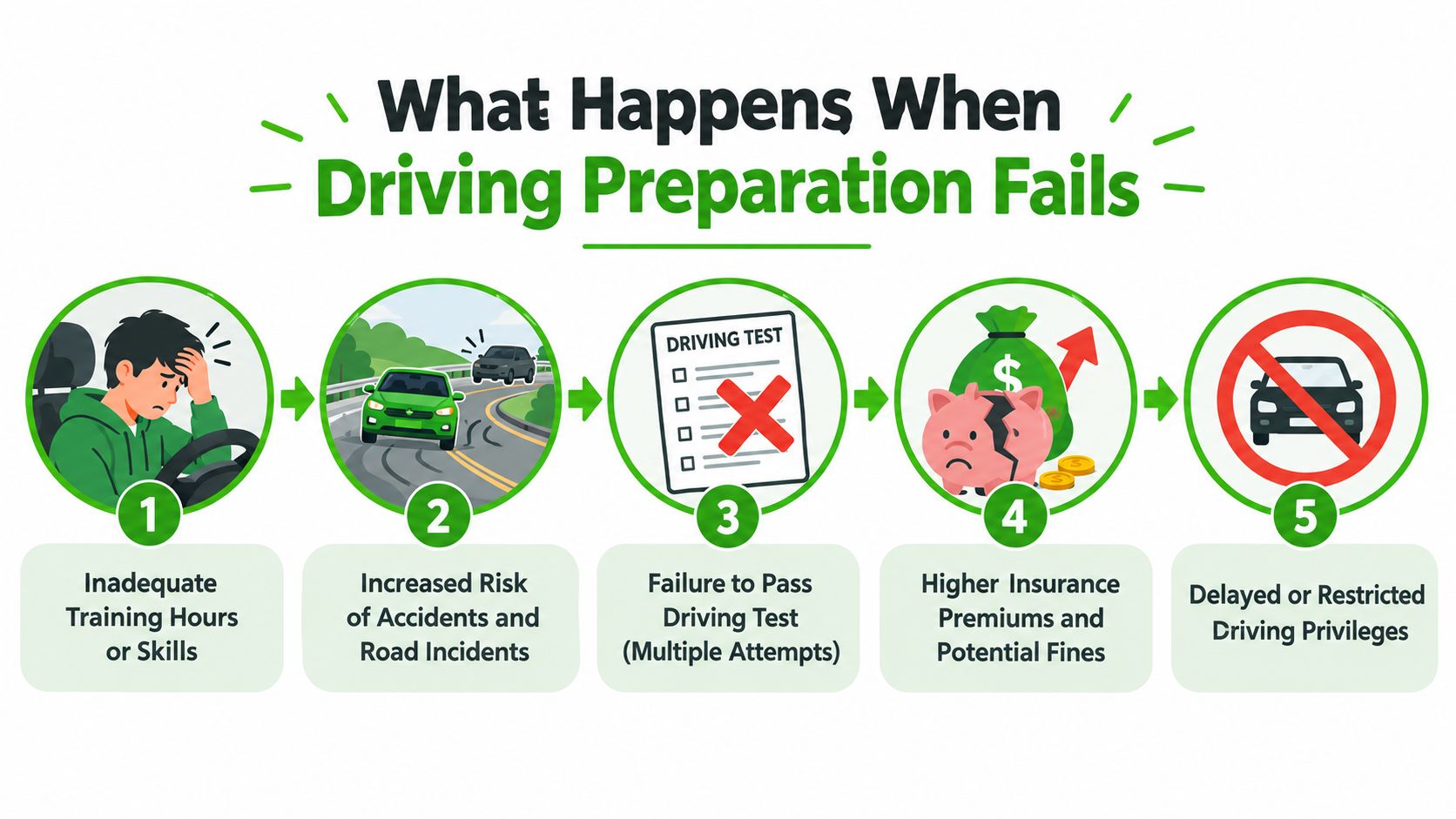 A five-step infographic showing the negative consequences of failing to get adequate driving training and preparation.